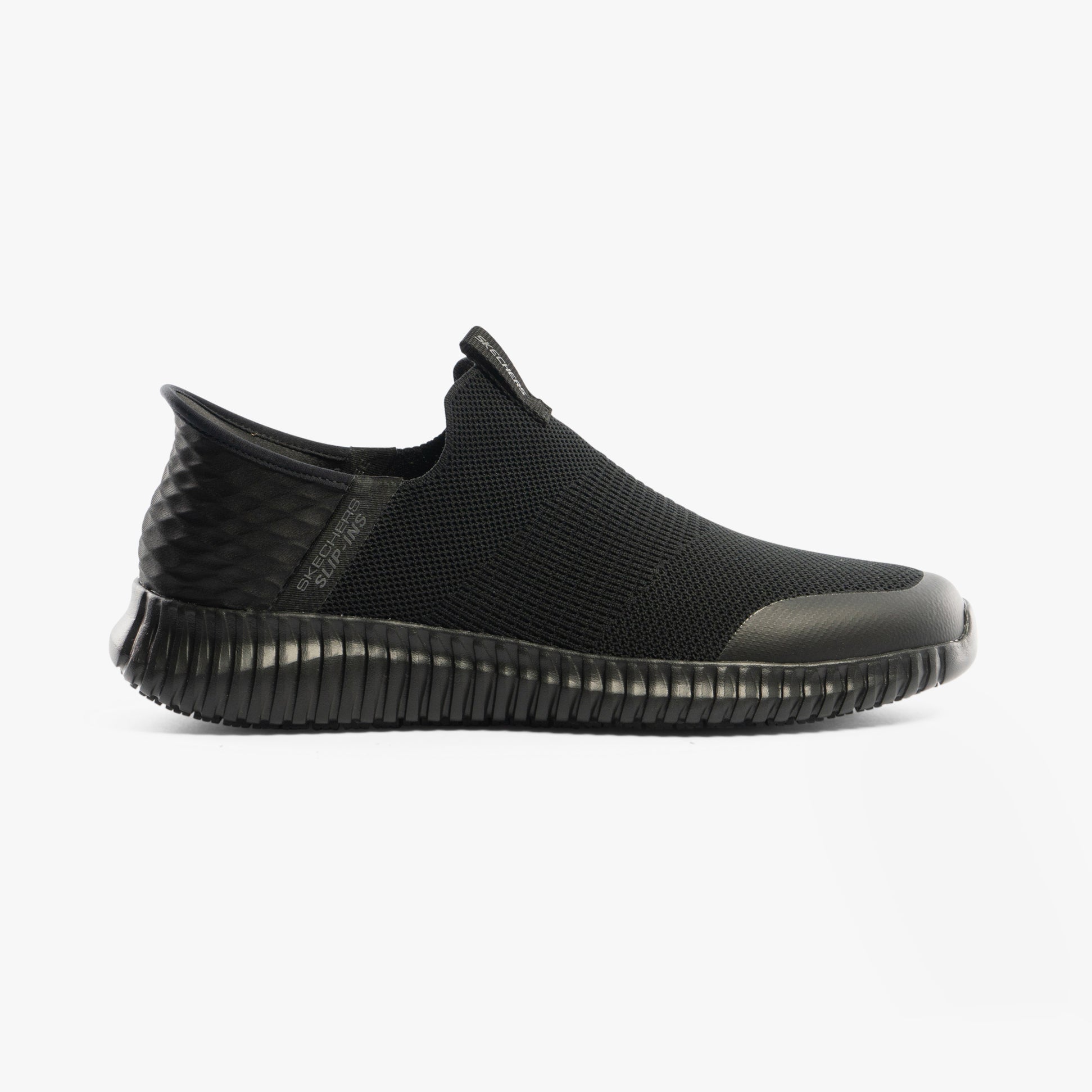 Skechers Work 200171EC CESSNOCK RYLIND SR Mens Occupational Trainers Black side view showing slip-on design and slip-resistant sole.