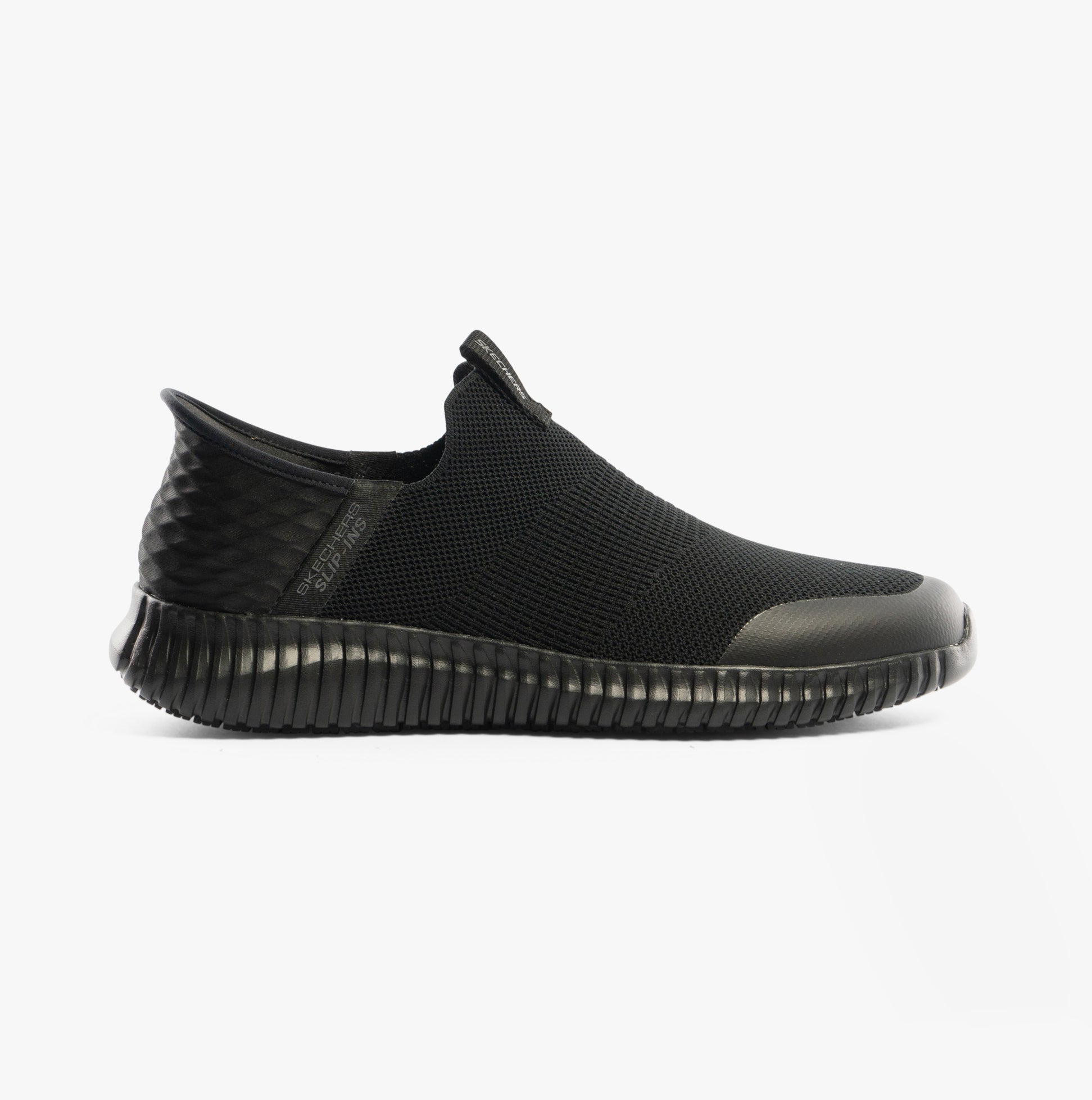 Skechers Work 200171EC CESSNOCK RYLIND SR Mens Occupational Trainers Black side view showing slip-on design and slip-resistant sole.