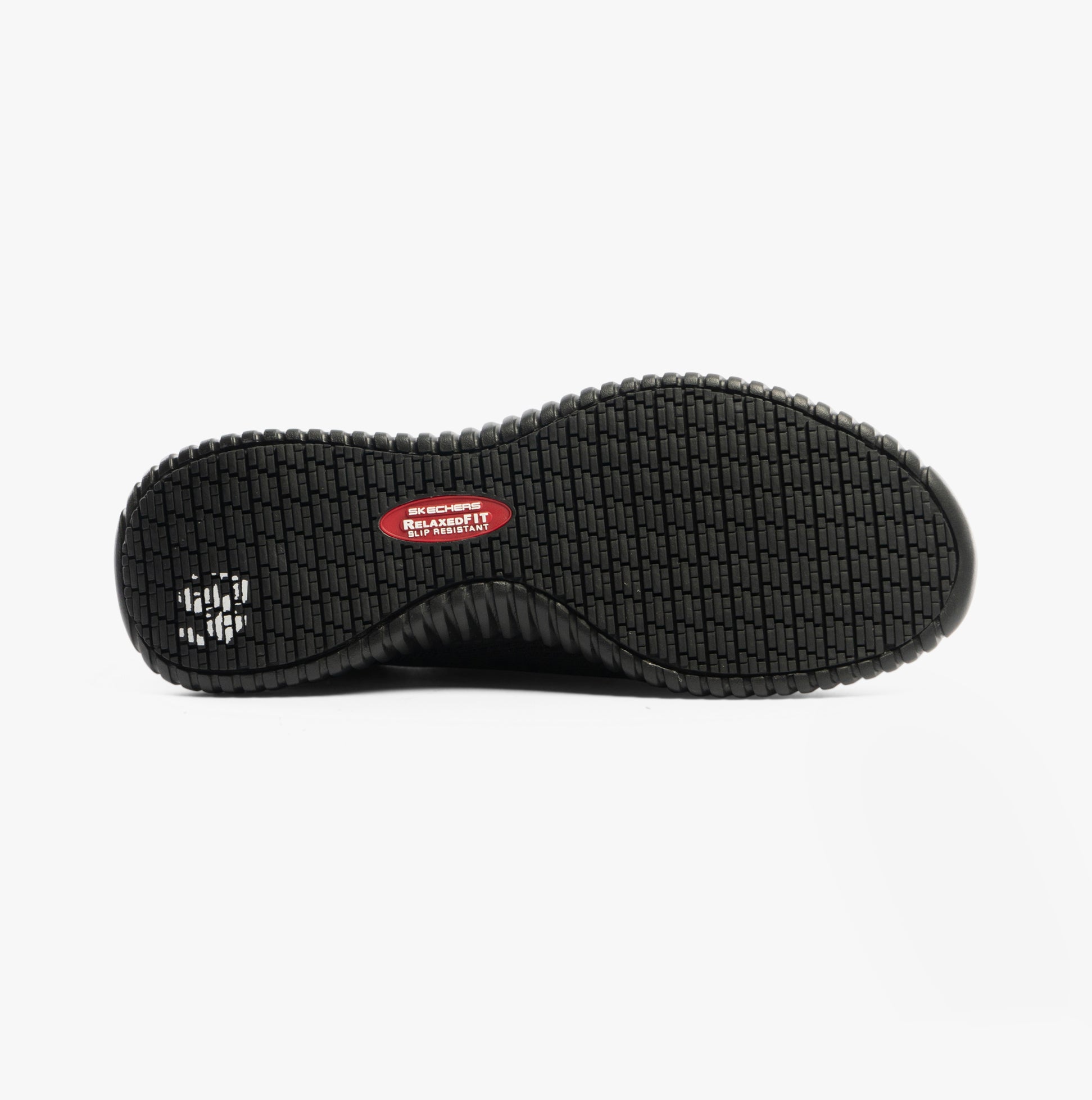 Bottom view of Skechers Work 200171EC CESSNOCK RYLIND SR Mens Occupational Trainers Black showing slip-resistant rubber sole.