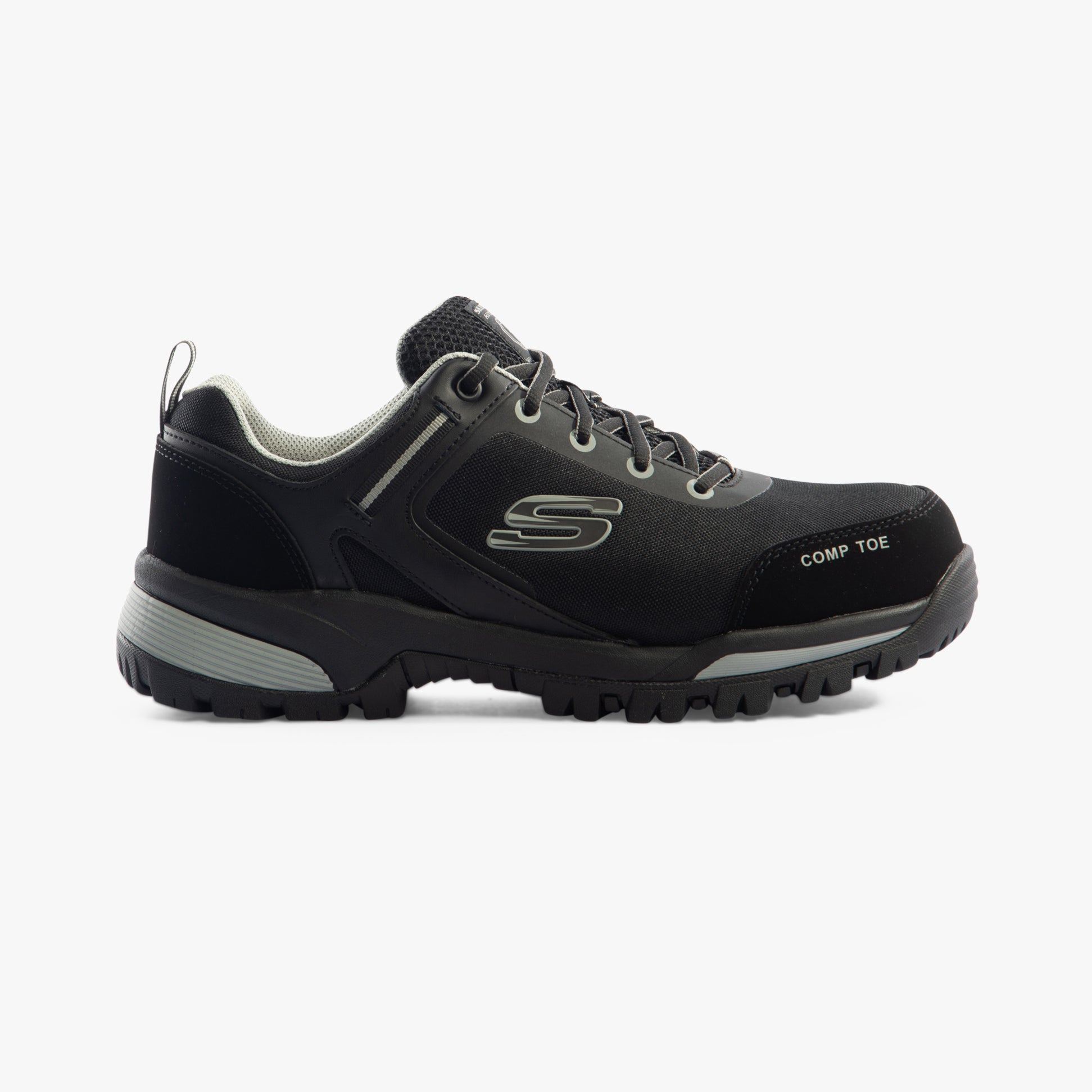 Skechers Work 200188EC GATLON Mens Safety Trainers Black/Grey, side view showcasing composite toe cap and slip-resistant sole