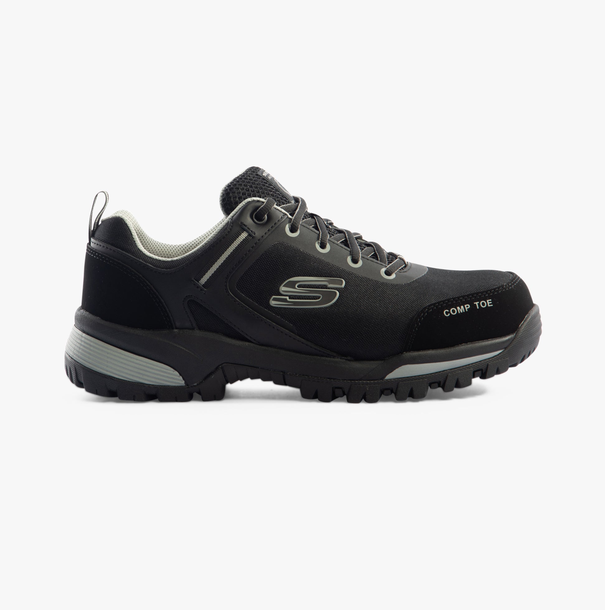 Skechers Work 200188EC GATLON Mens Safety Trainers Black/Grey, side view showcasing composite toe cap and slip-resistant sole