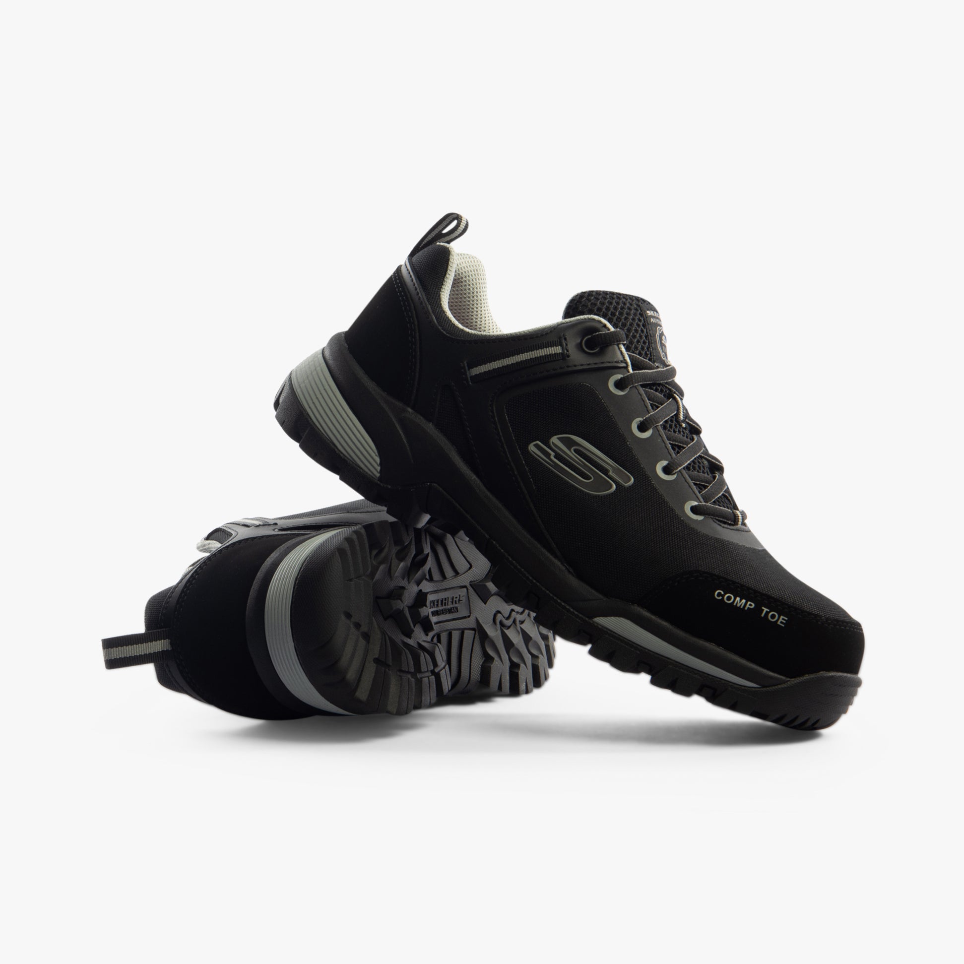 Side view of Skechers Work 200188EC GATLON Mens Safety Trainers Black/Grey featuring composite toe cap and slip-resistant sole.
