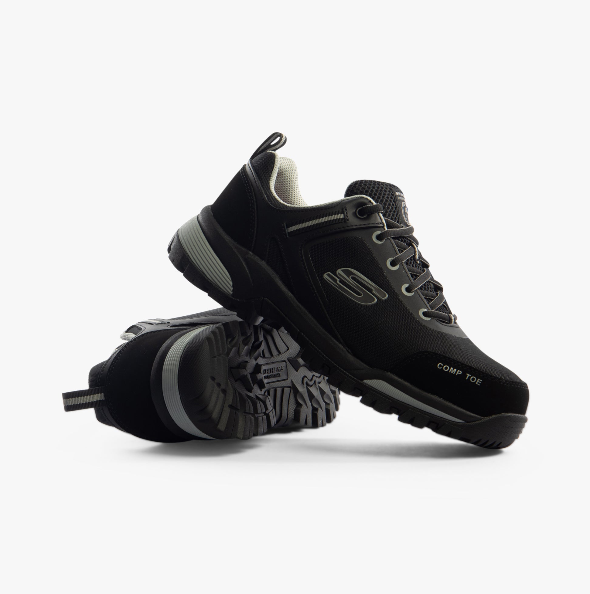Side view of Skechers Work 200188EC GATLON Mens Safety Trainers Black/Grey featuring composite toe cap and slip-resistant sole.