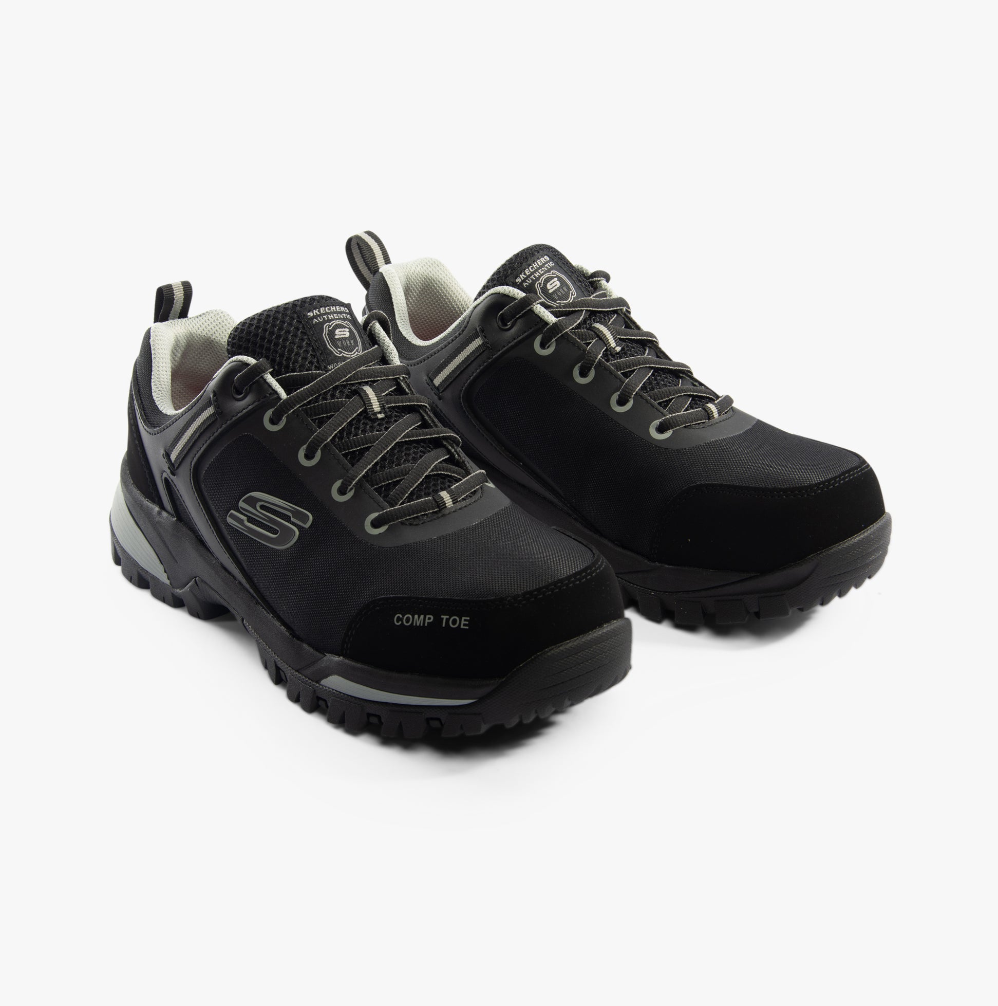 Skechers Work 200188EC GATLON Mens Safety Trainers Black/Grey side view, featuring composite toe cap and slip-resistant sole.