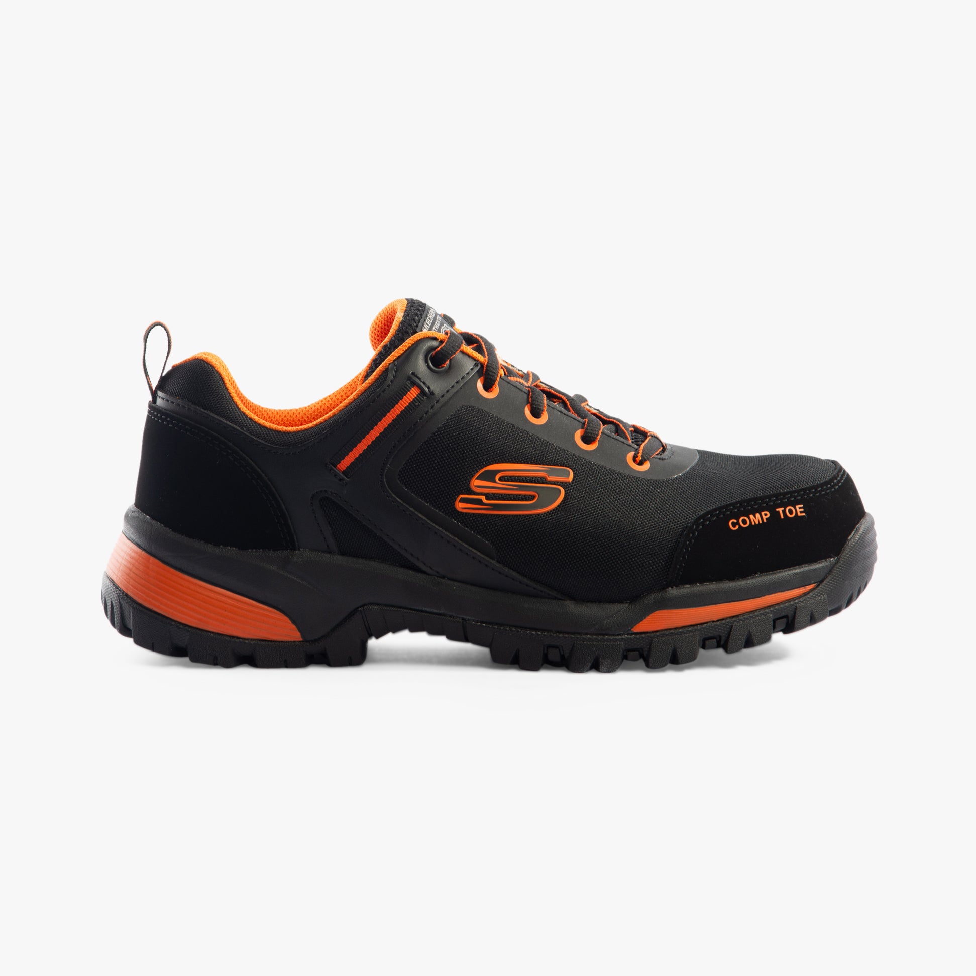 Side view of Skechers Work 200188EC GATLON Mens Safety Trainers Black/Orange with composite toe cap and slip resistant sole.