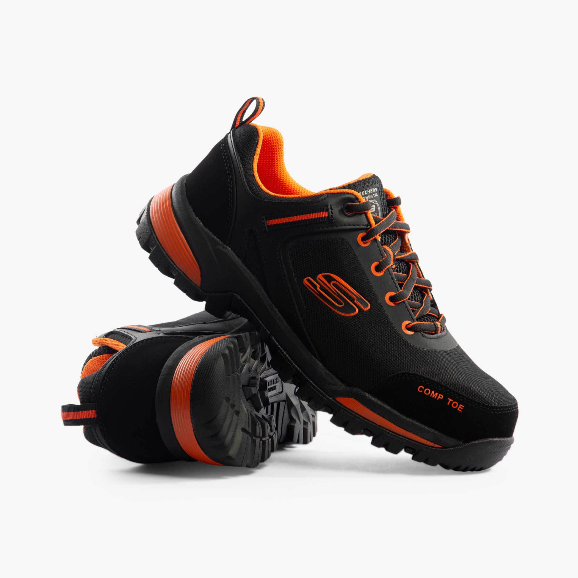 Skechers Work 200188EC GATLON Mens Safety Trainers Black/Orange, side view showing composite toe cap and slip-resistant sole.