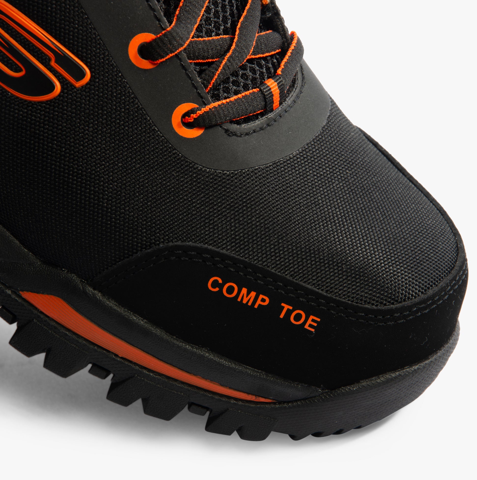 Skechers Work 200188EC GATLON Mens Safety Trainers Black/Orange, detail view of composite toe cap and lace-up design.