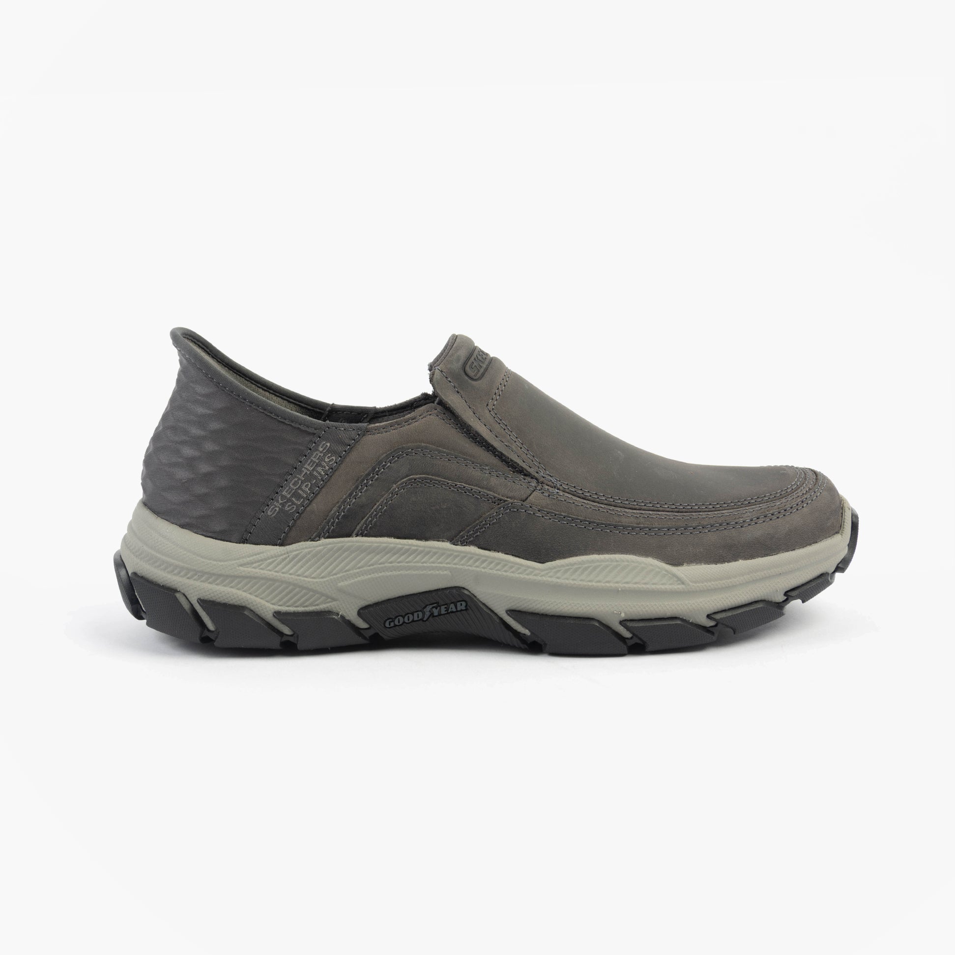 Skechers 204810/CHAR RESPECTED - ELGIN Mens Shoes Charcoal side view showcasing leather upper and rubber sole.