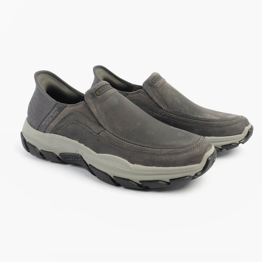 Skechers 204810/CHAR RESPECTED - ELGIN Mens Shoes Charcoal side view showing leather upper and relaxed fit design.