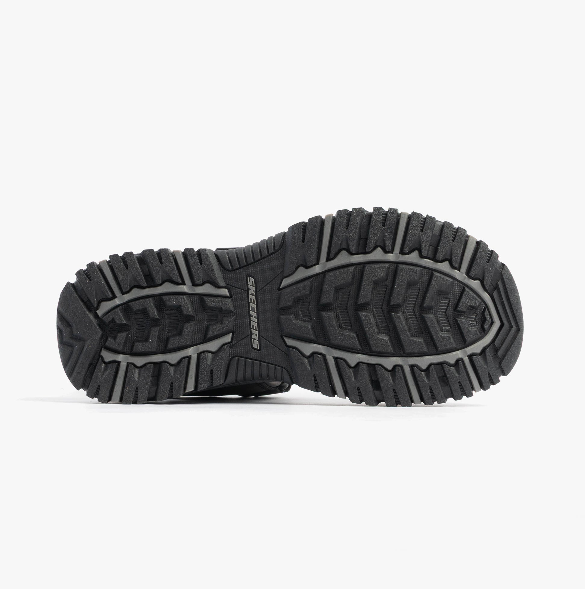 Skechers 205139/BLK PREWITT - RIGDON Mens Sandals Black bottom view showcasing the rubber sole and tread design.