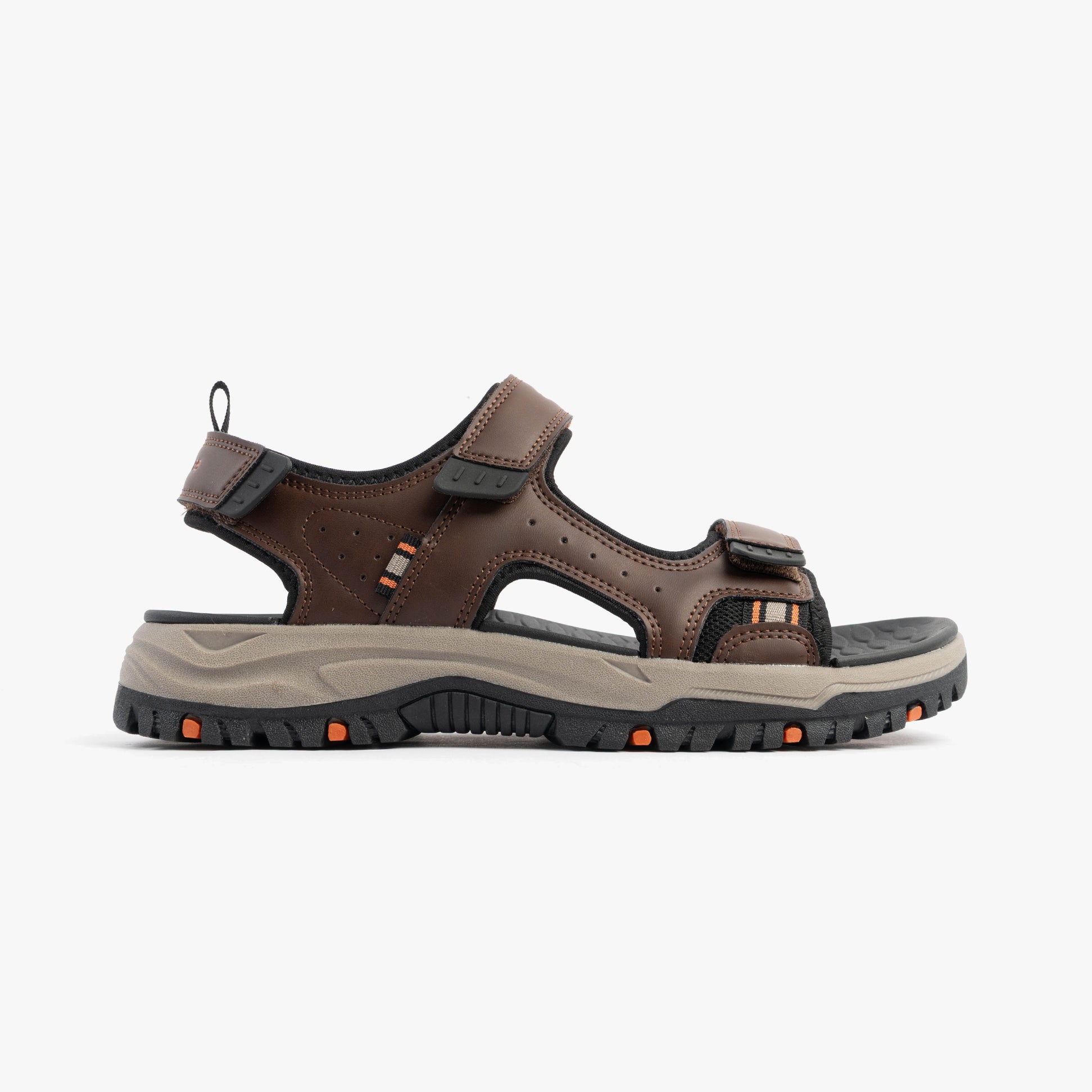 Skechers 205139/BRBK PREWITT - RIGDON Mens Sandals Brown/Black side view showcasing synthetic upper and rubber sole.