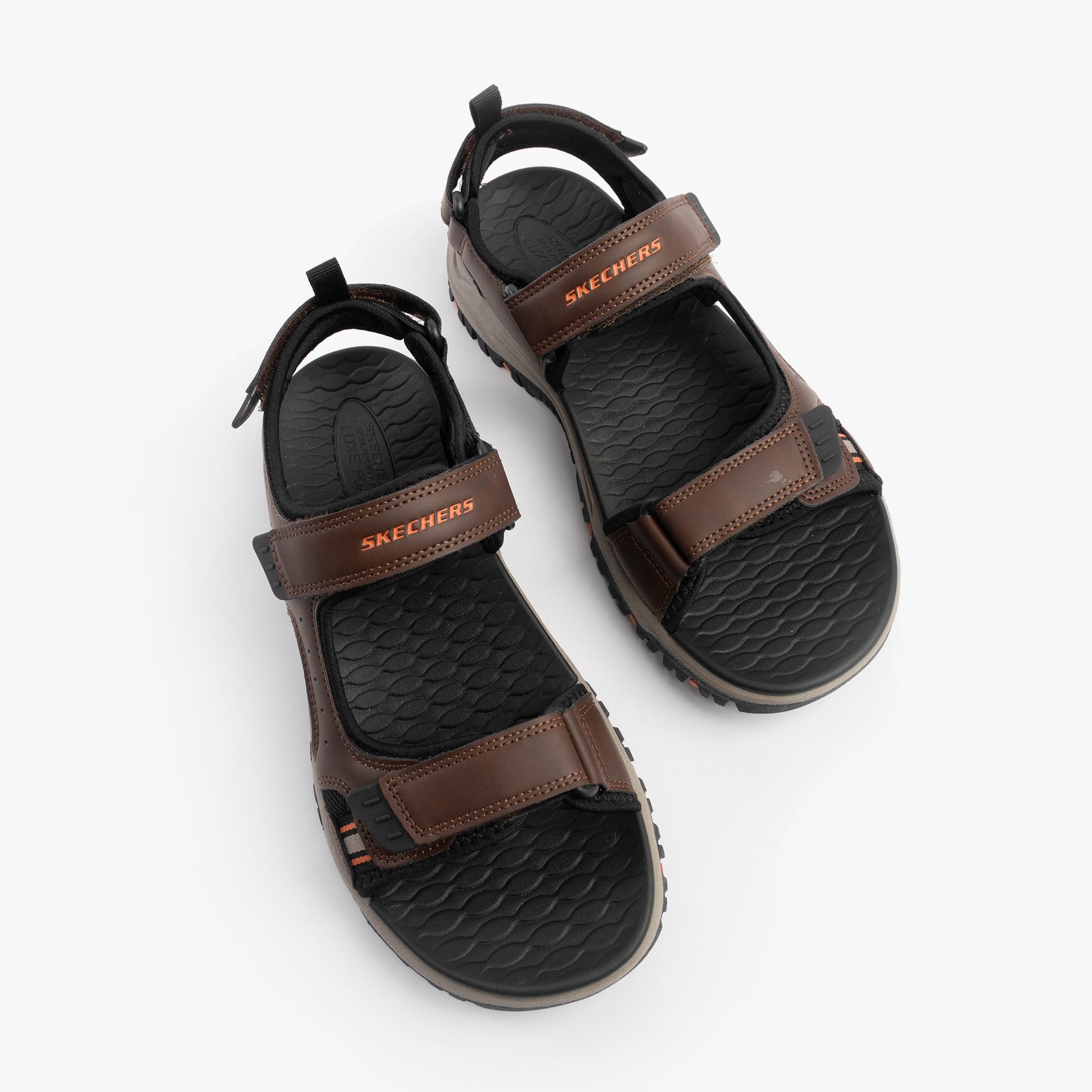 Skechers 205139/BRBK PREWITT - RIGDON Mens Sandals Brown/Black top view showing synthetic upper and rubber sole.