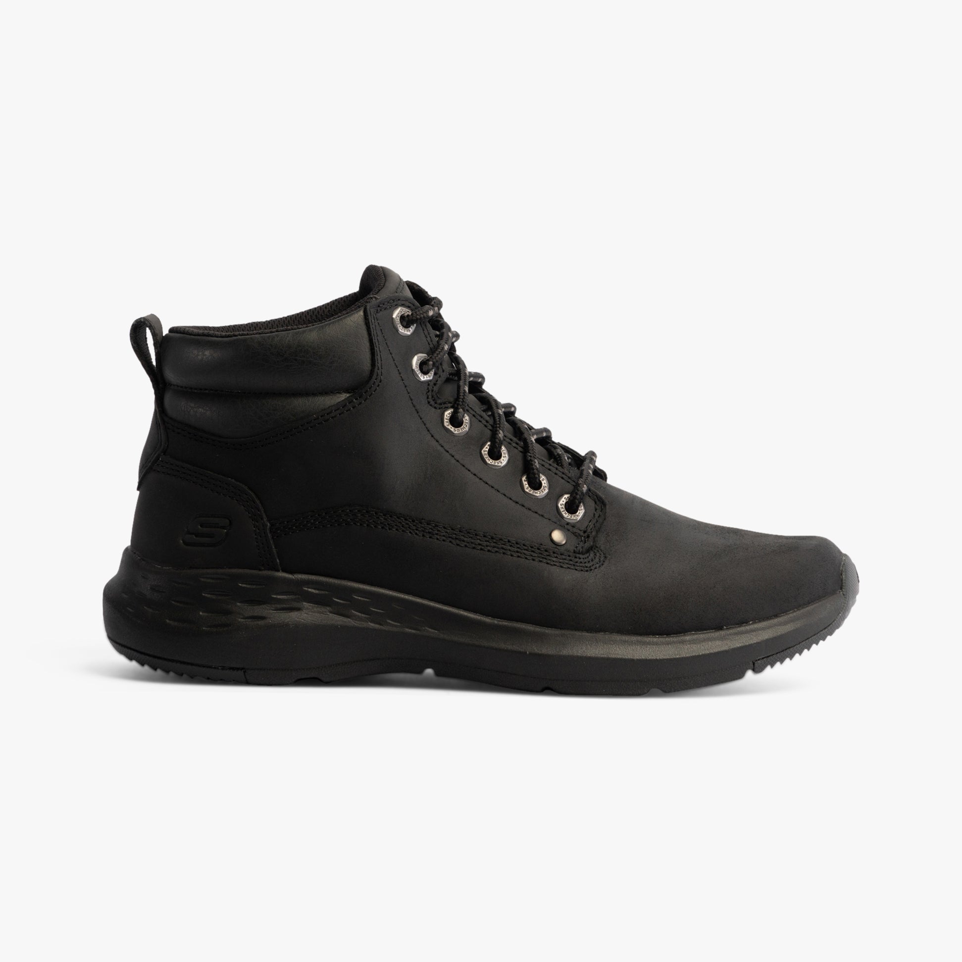Skechers 205175/BLK PARSON - EDERIC Mens Boots Black side view showcasing leather upper and lace-up design.