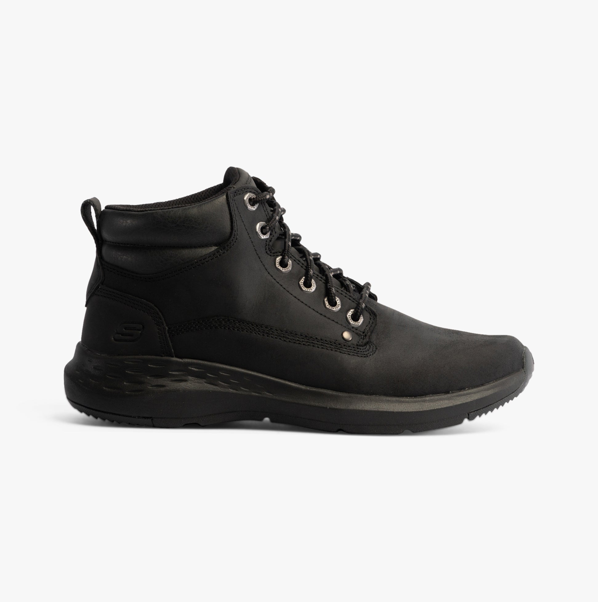 Skechers 205175/BLK PARSON - EDERIC Mens Boots Black side view showcasing leather upper and lace-up design.