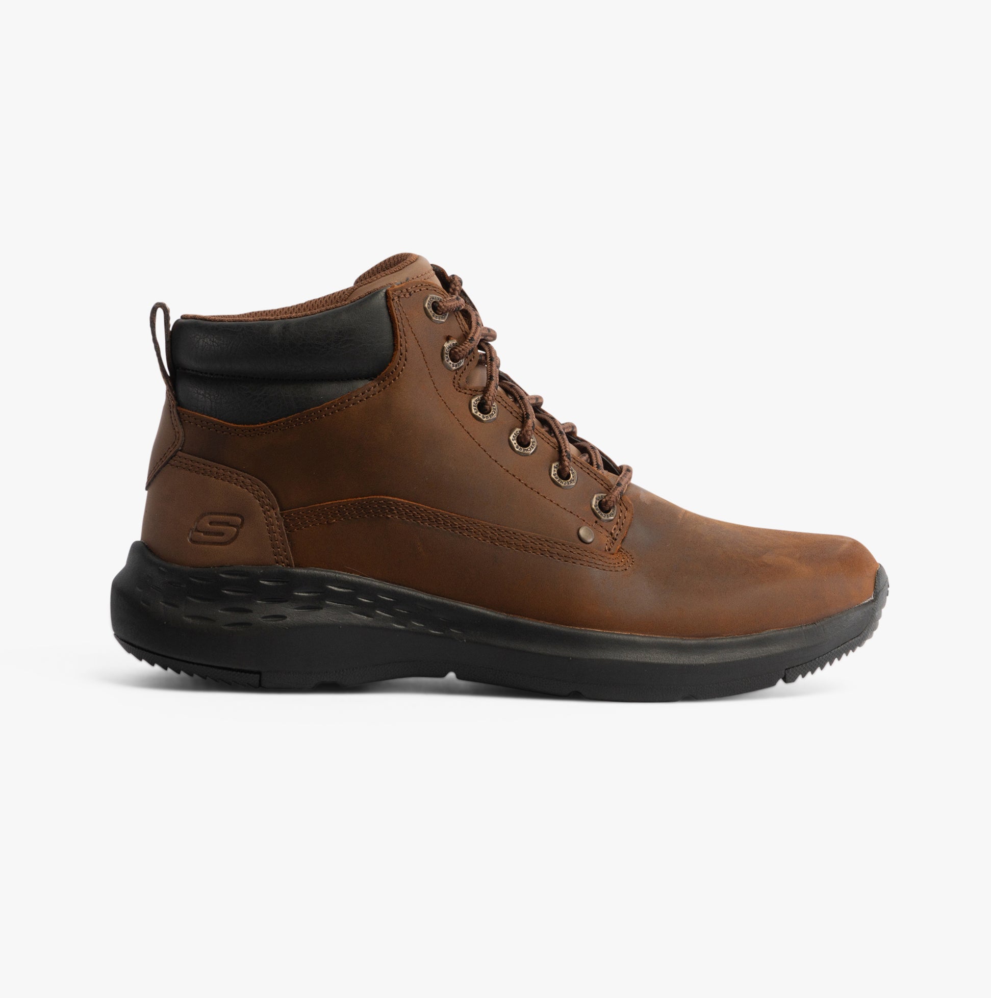 Skechers 205175/CDB PARSON - EDERIC Mens Boots Dark Brown side view featuring leather upper and lace-up closure.