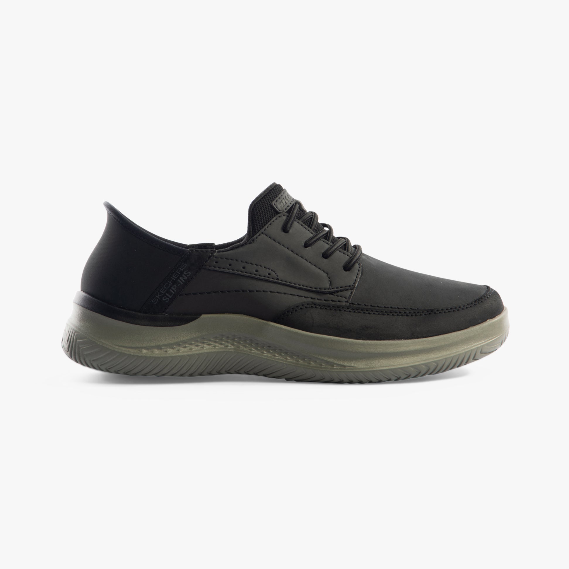 Skechers 205211/BLK HASTING - RORY Mens Shoes Black side view featuring lace-up design and rubber sole.