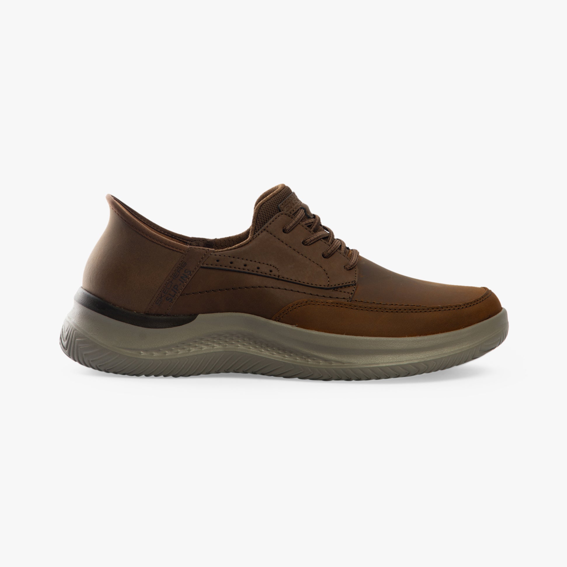 Skechers 205211/CDB HASTING - RORY Mens Shoes Dark Brown side view featuring leather upper and rubber sole.