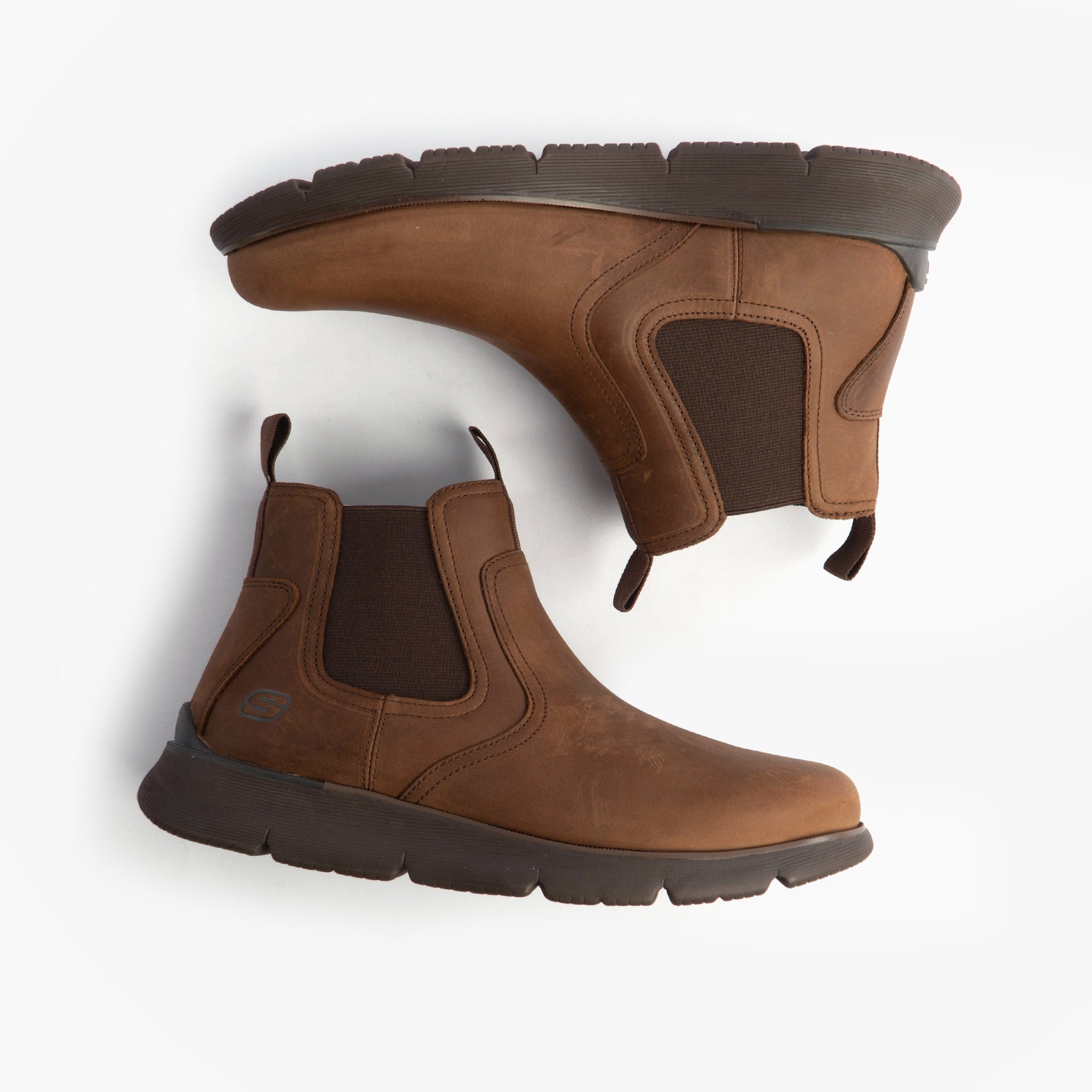Skechers 205227/CHOC AUGUSTINO - PAULO Mens Boots Chocolate side view and top view, showing leather upper and slip-on design.