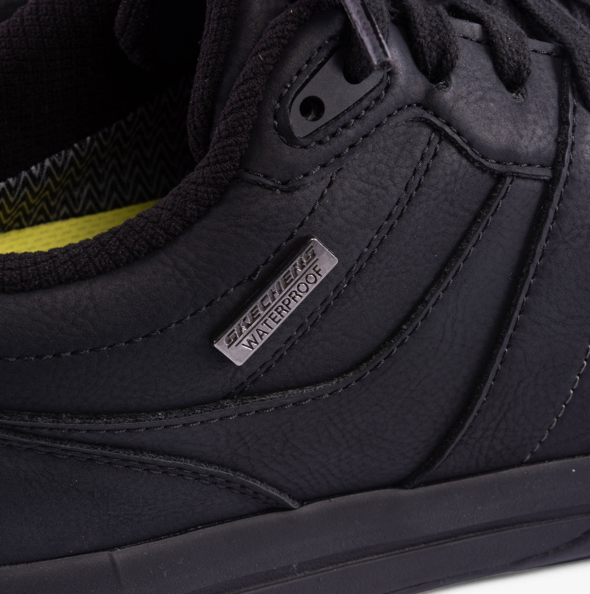 Skechers 205236/BBK NETSON - GANDER Mens Trainers Black side view showing waterproof label detail.