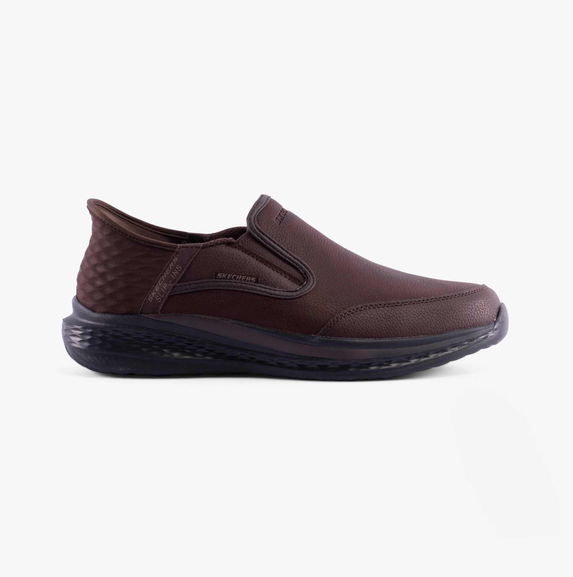Skechers 205237/RDBR SLADE - COOPER Mens Shoes Red/Brown side view showcasing slip-on design and leather material.