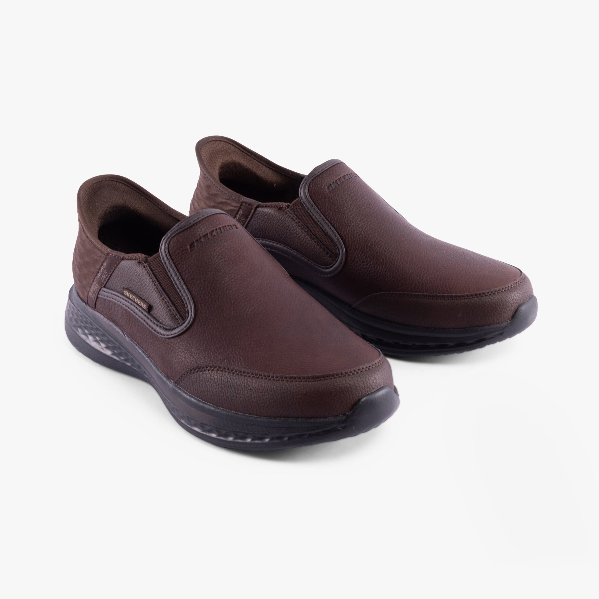 Skechers 205237/RDBR SLADE - COOPER Mens Shoes Red/Brown side view, featuring slip-on design and leather upper.