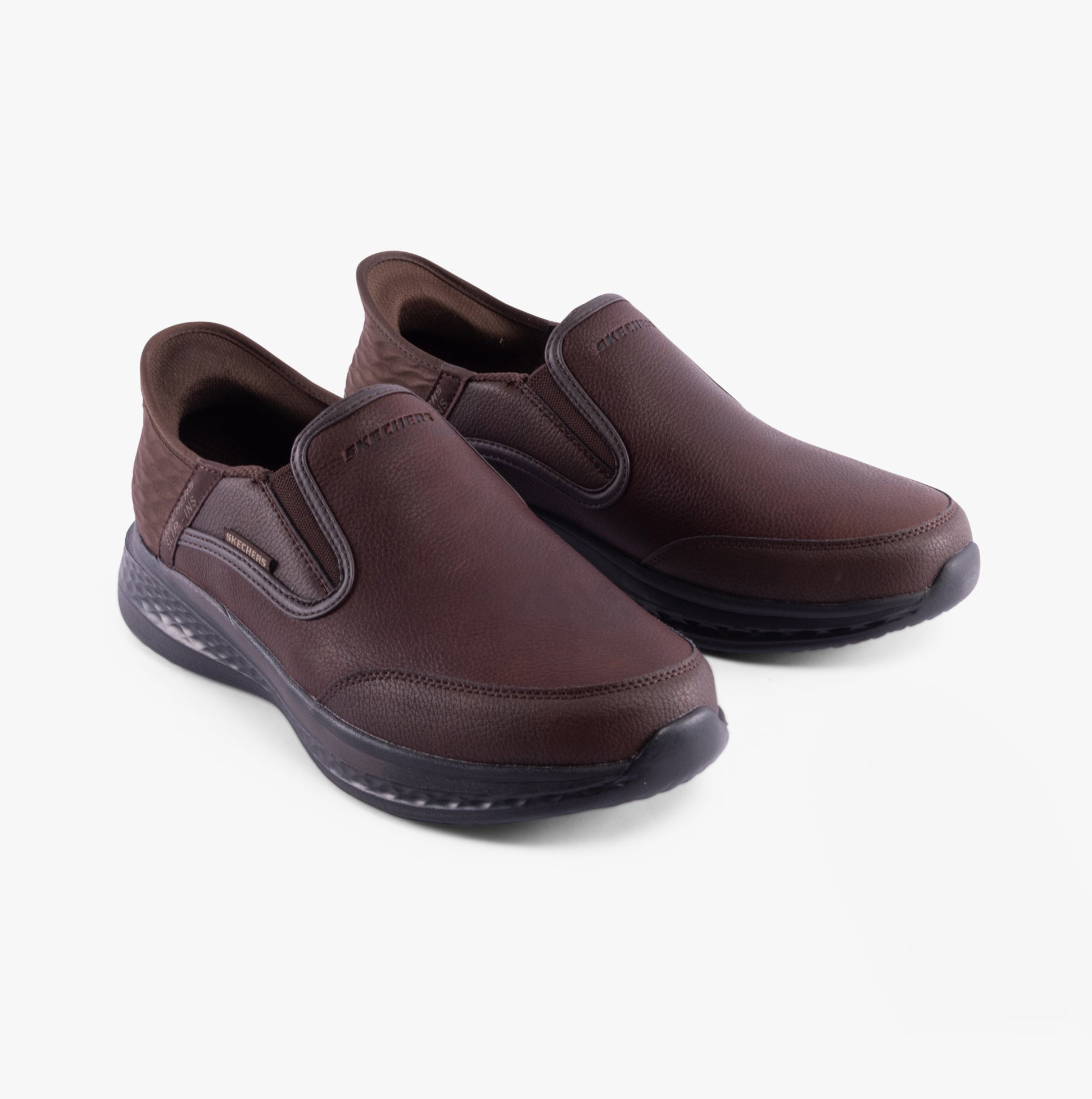 Skechers 205237/RDBR SLADE - COOPER Mens Shoes Red/Brown side view, featuring slip-on design and leather upper.