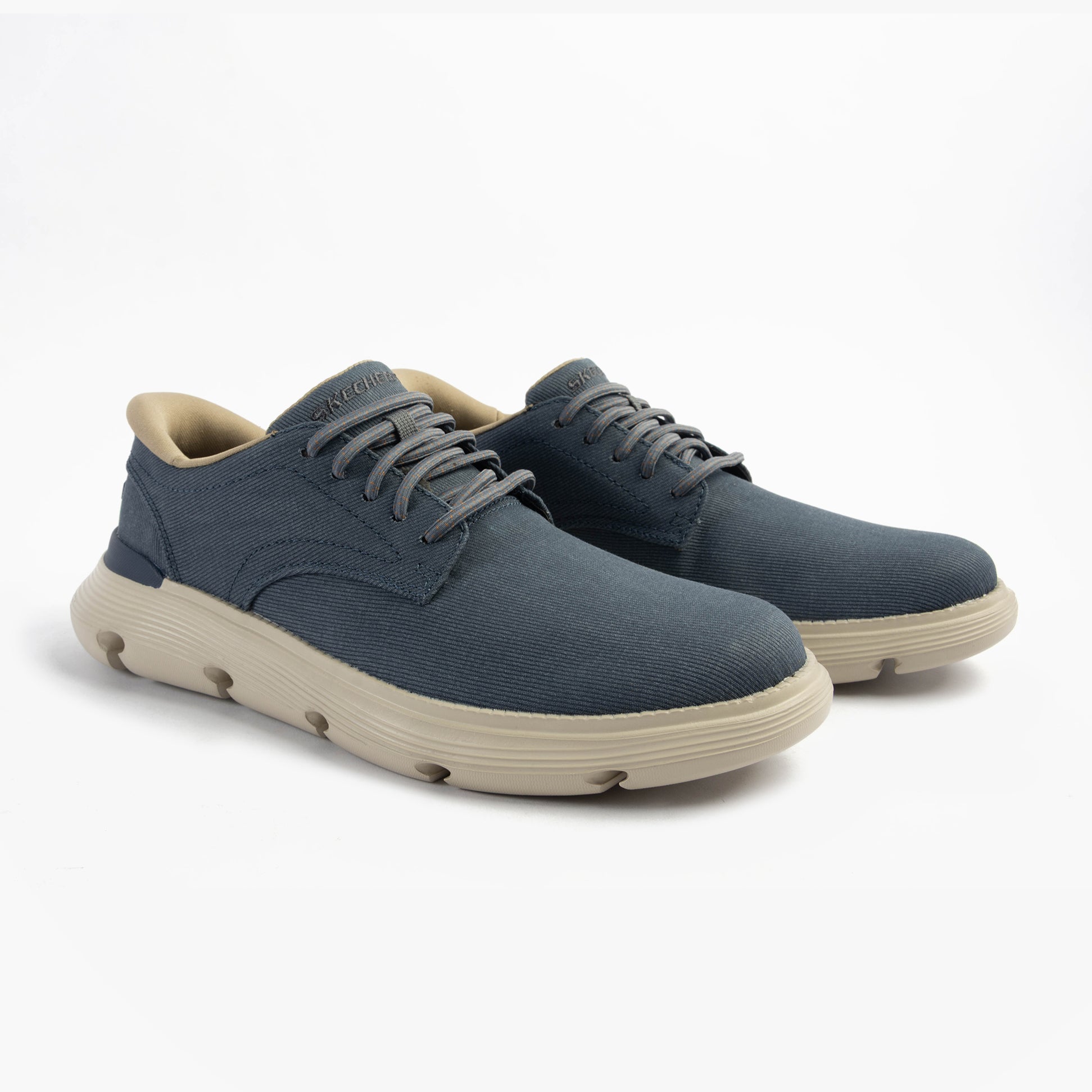 Skechers 205352/BLU GARZA - CLIVE Mens Shoes Blue side view showcasing canvas upper and rubber sole.