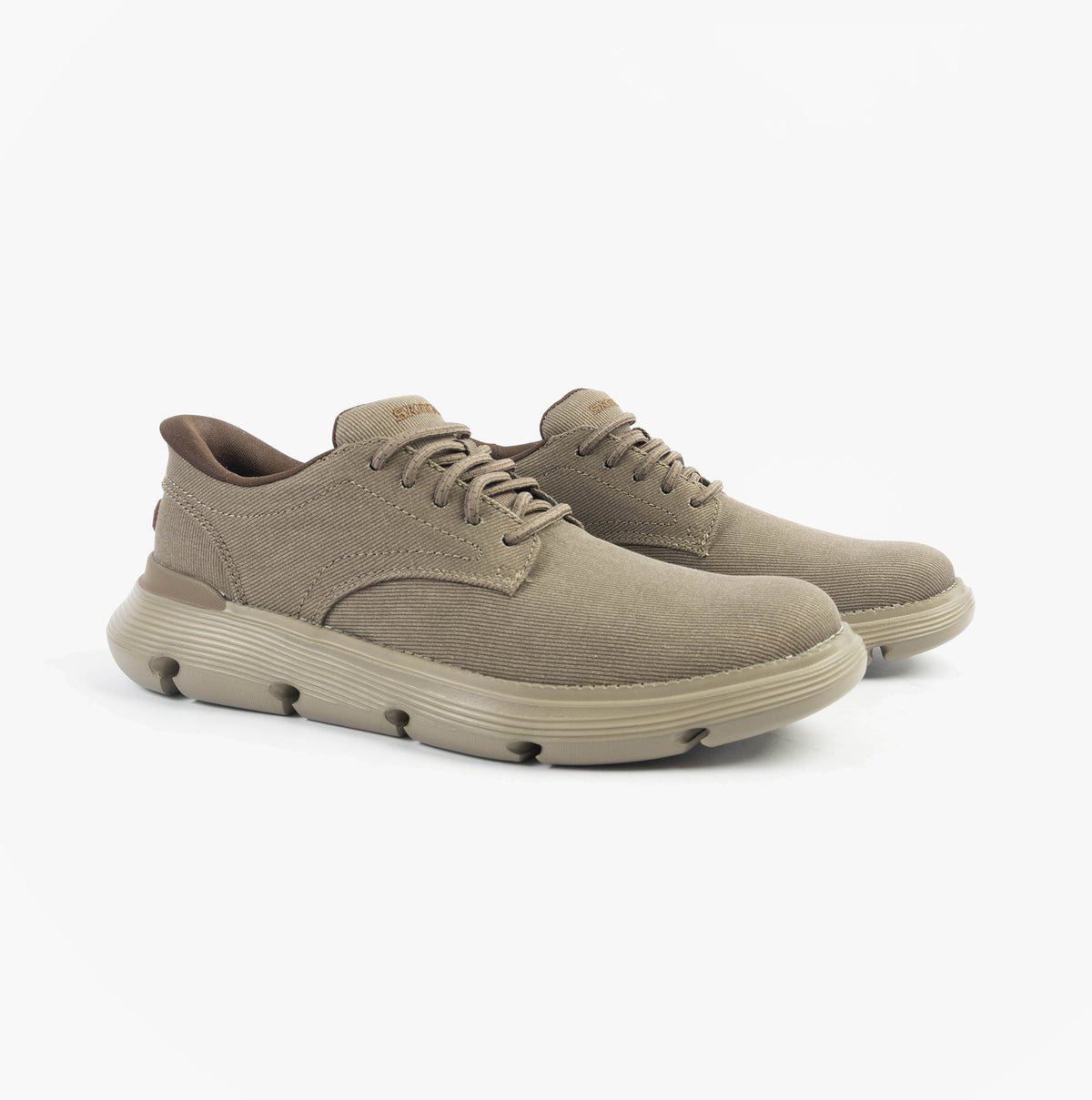 Skechers 205352/DKTP GARZA - CLIVE Mens Shoes Dark Taupe side view showcasing canvas upper and lace-up design.