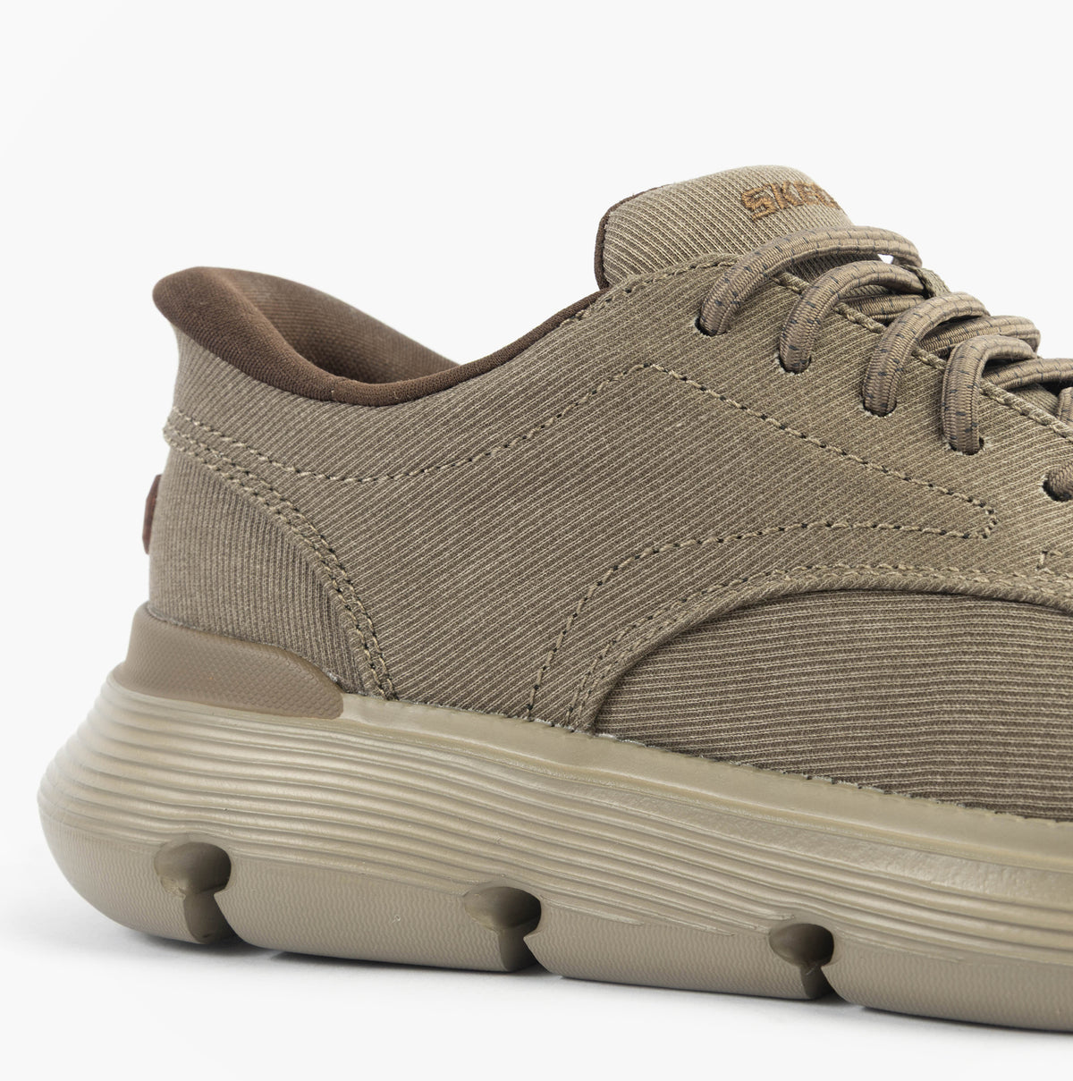 Skechers 205352/DKTP GARZA - CLIVE Mens Shoes Dark Taupe side view showcasing canvas upper and lace-up closure.