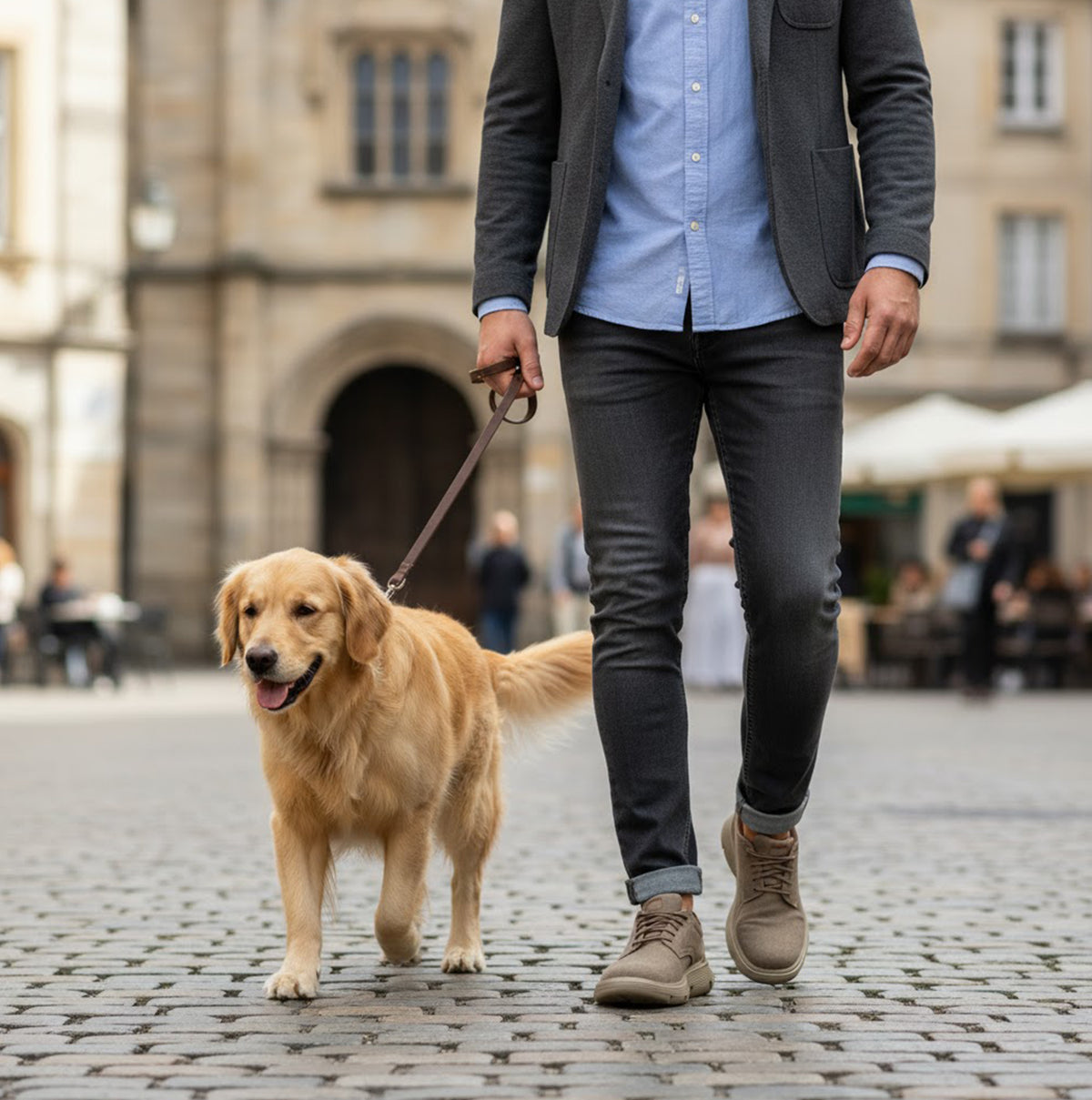Skechers 205352/DKTP GARZA - CLIVE Mens Shoes Dark Taupe side view worn while walking a dog.