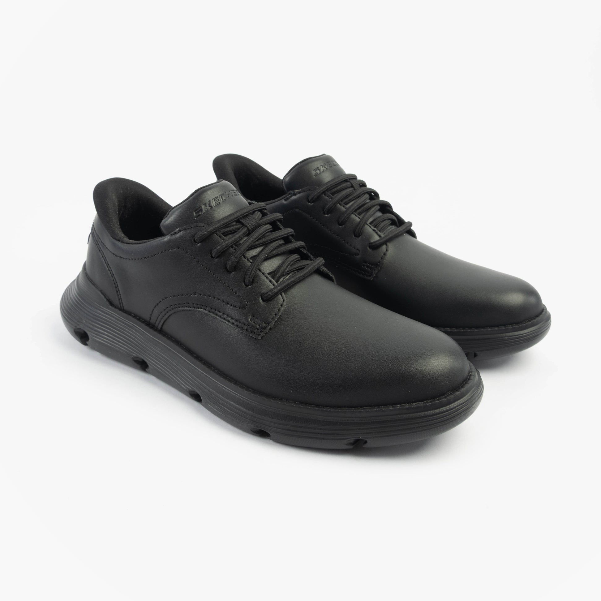 Skechers 205353/BBK GARZA - DURAN Mens Shoes Black side view showcasing leather upper and lace-up closure.