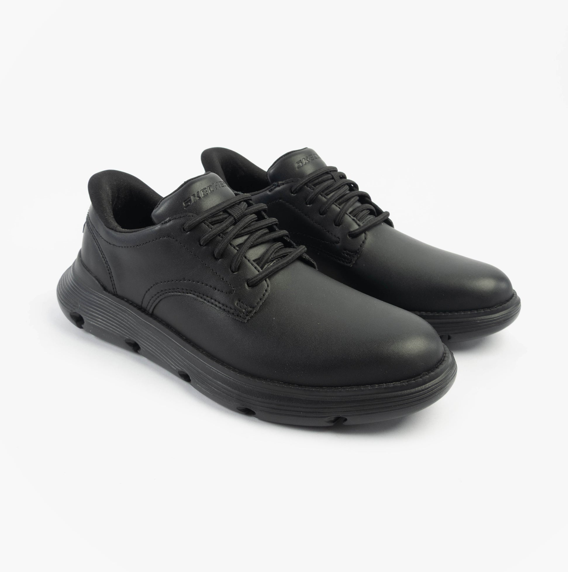Skechers 205353/BBK GARZA - DURAN Mens Shoes Black side view showcasing leather upper and lace-up closure.