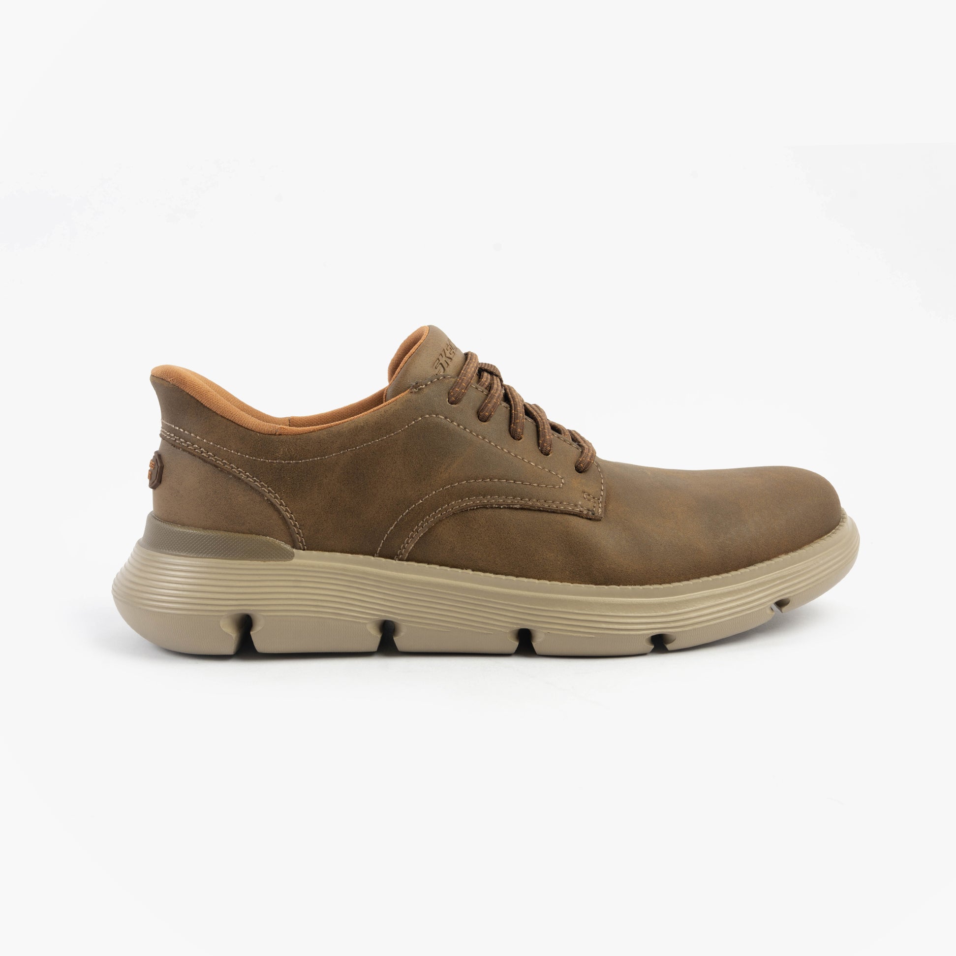 Skechers 205353/TPE GARZA - DURAN Mens Shoes Taupe side view showing leather upper and relaxed fit.