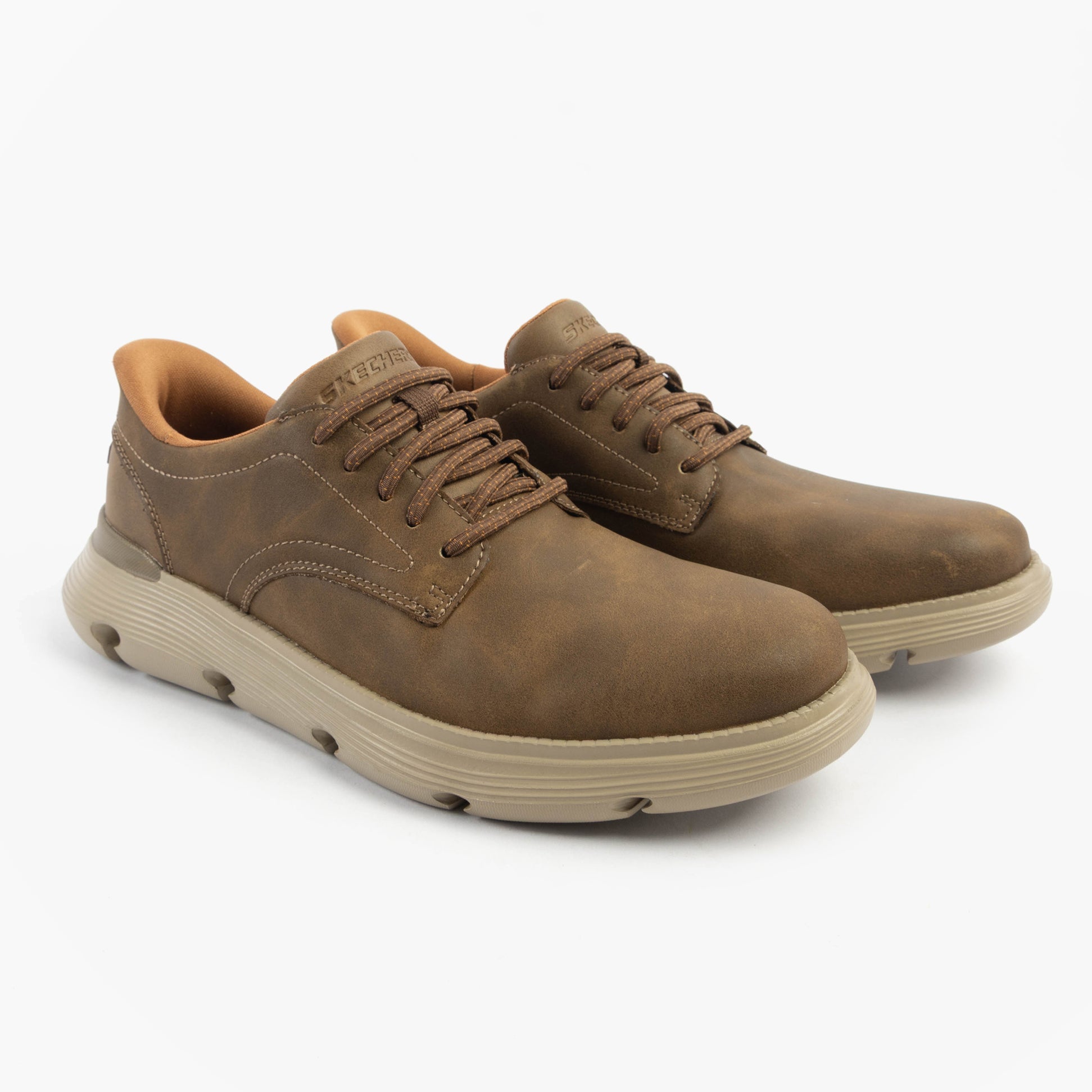 Skechers 205353/TPE GARZA - DURAN Mens Shoes Taupe side view displaying leather upper and lace-up closure.