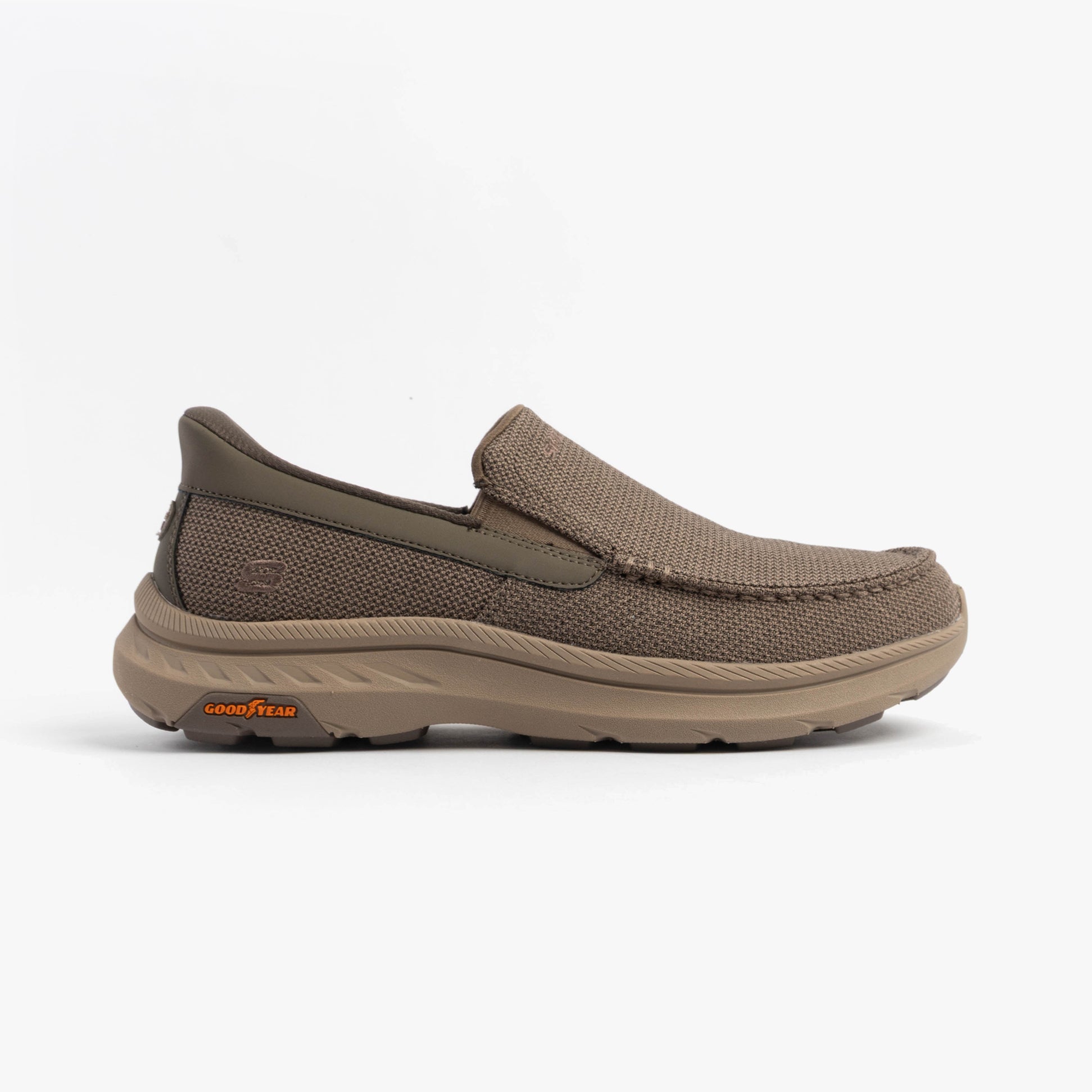 Skechers 205451/TPE POLLARD - WILFRED Mens Shoes Taupe side view showing slip-on design and rubber sole.
