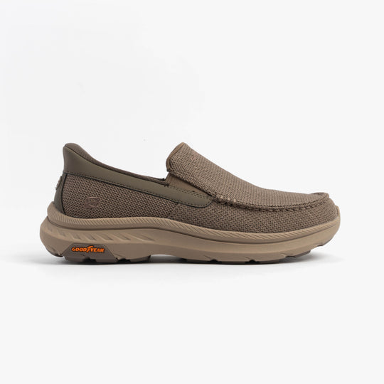 Skechers 205451/TPE POLLARD - WILFRED Mens Shoes Taupe side view showing slip-on design and rubber sole.