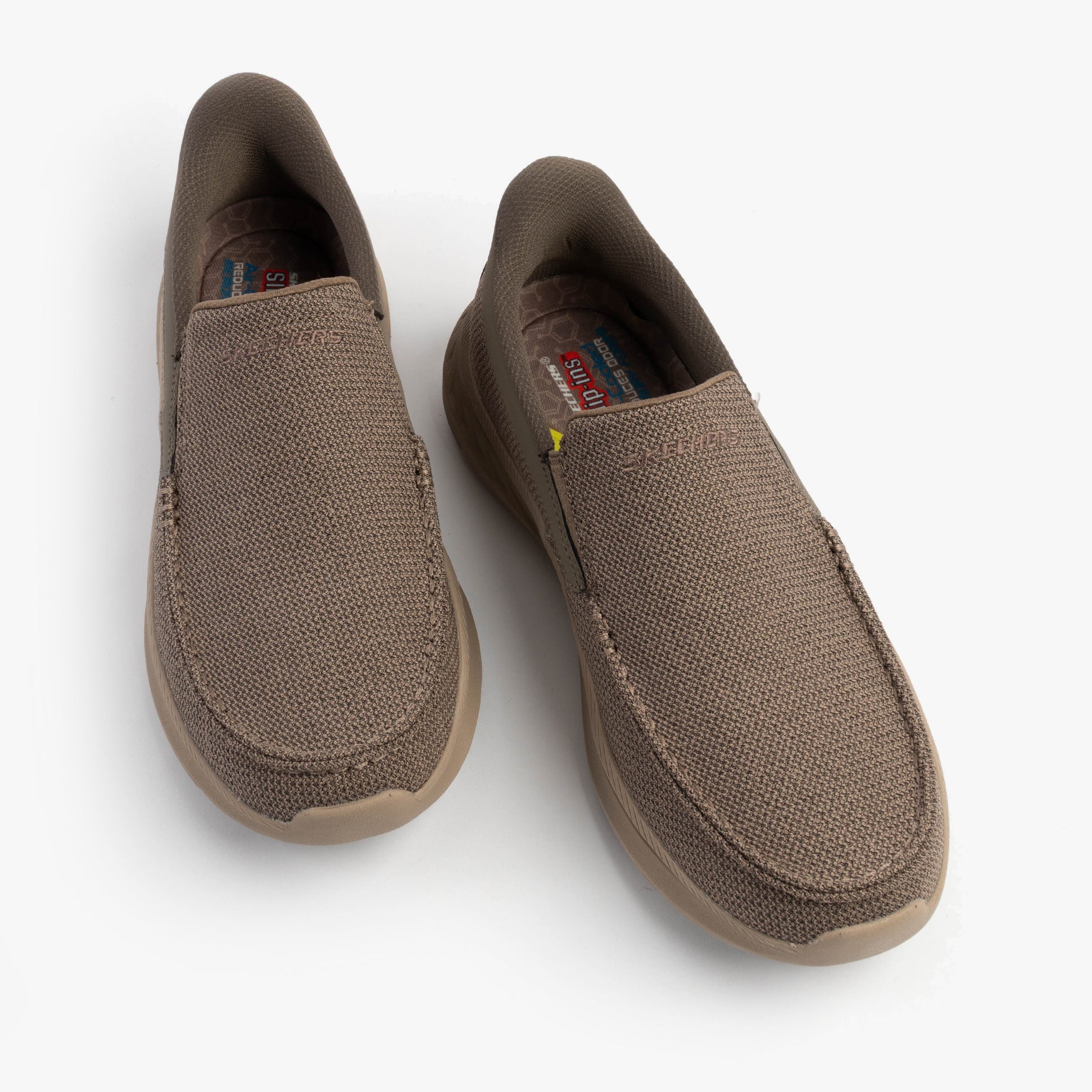 Skechers 205451/TPE POLLARD - WILFRED Mens Shoes Taupe top view showcasing slip-on design and breathable mesh material.