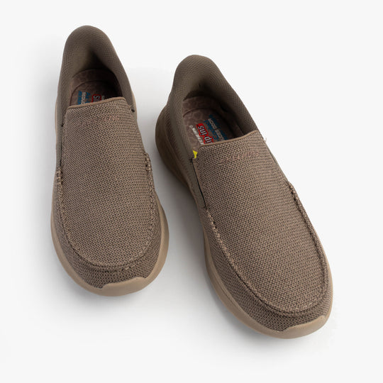 Skechers 205451/TPE POLLARD - WILFRED Mens Shoes Taupe top view showcasing slip-on design and breathable mesh material.