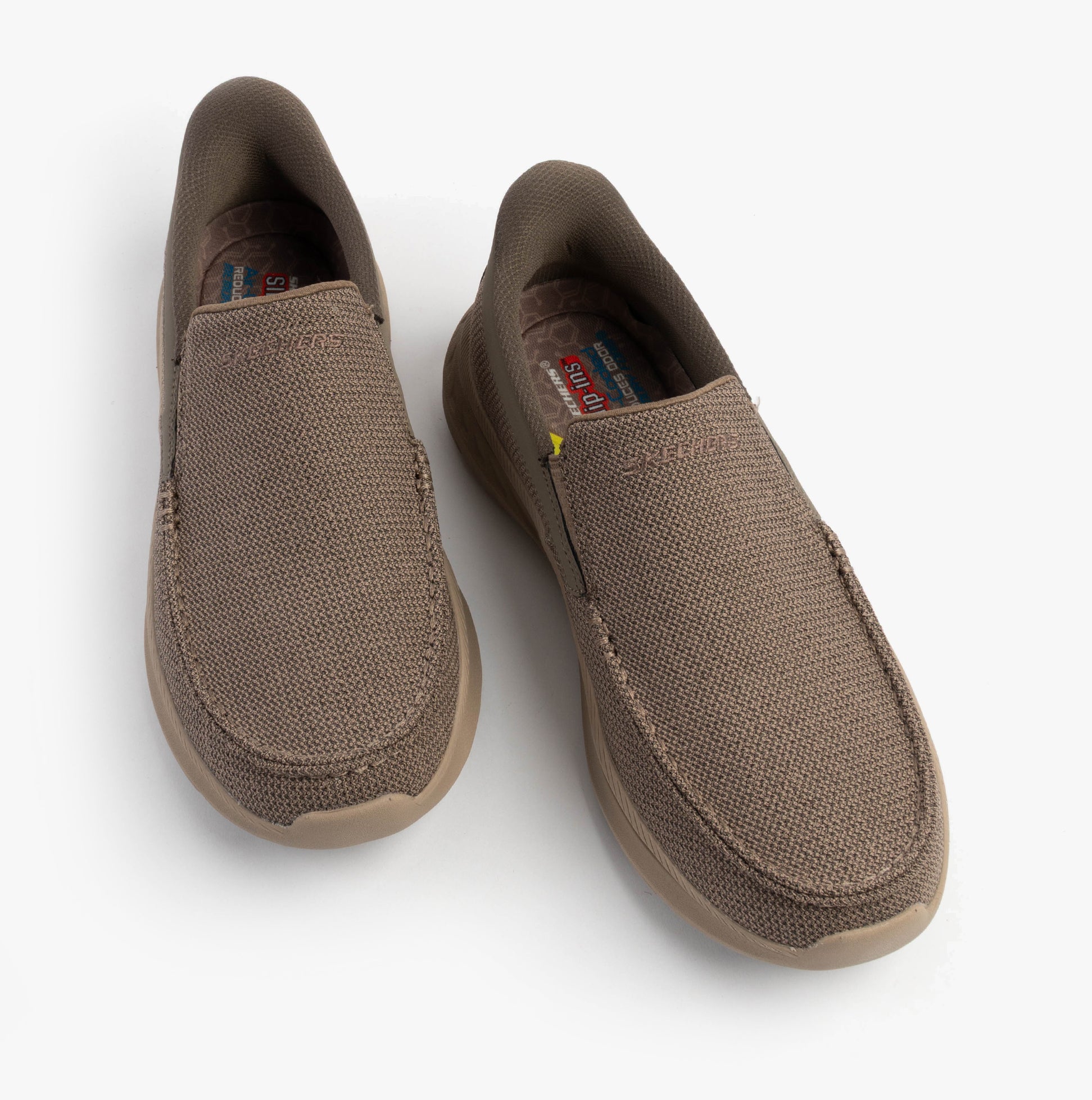 Skechers 205451/TPE POLLARD - WILFRED Mens Shoes Taupe top view showcasing slip-on design and breathable mesh material.