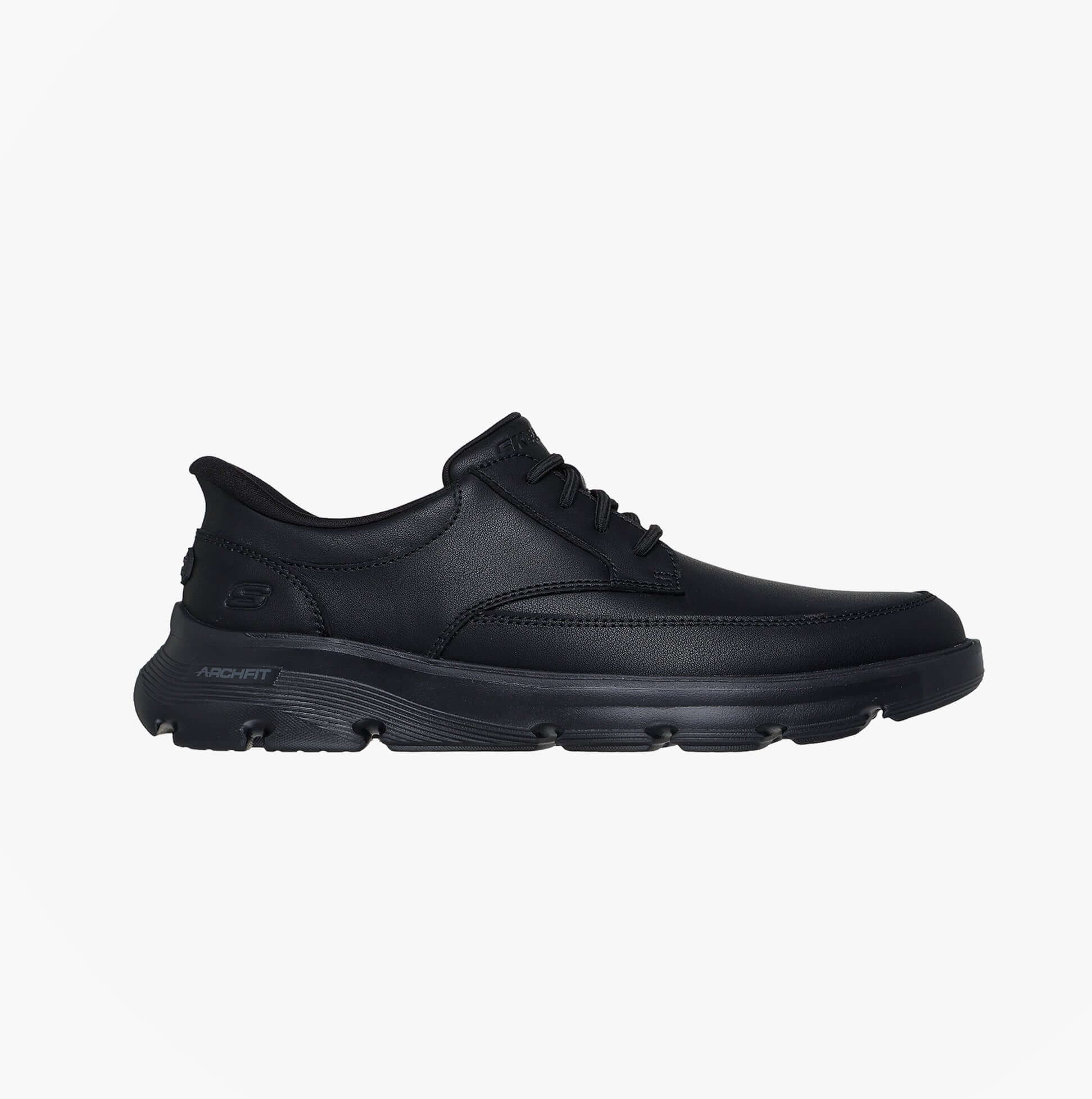 Skechers 205517/BBK ARCH FIT GARZA - ROWAN Mens Trainers Black side view featuring leather upper and synthetic sole.