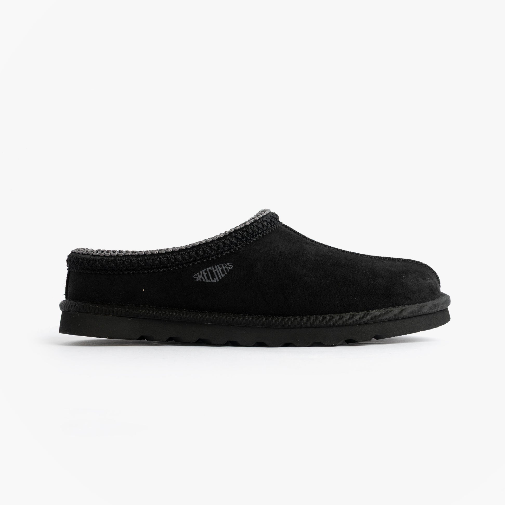 Skechers 205605/BLK RENTEN - ULRICH Mens Slippers Black side view showcasing relaxed fit and flat sole.