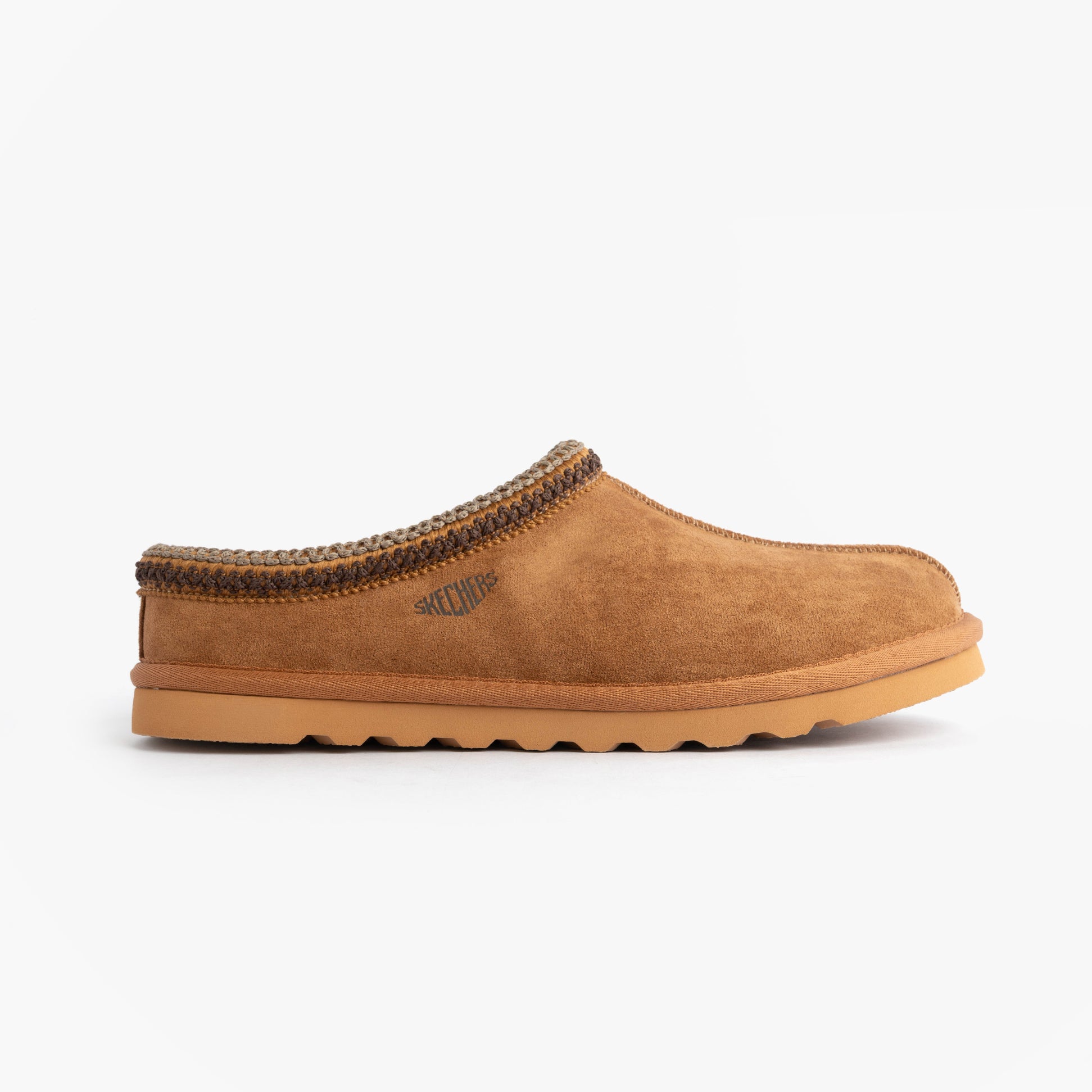 Skechers 205605/TAN RENTEN - ULRICH Mens Slippers Tan side view showing soft textile upper and slip-on design.