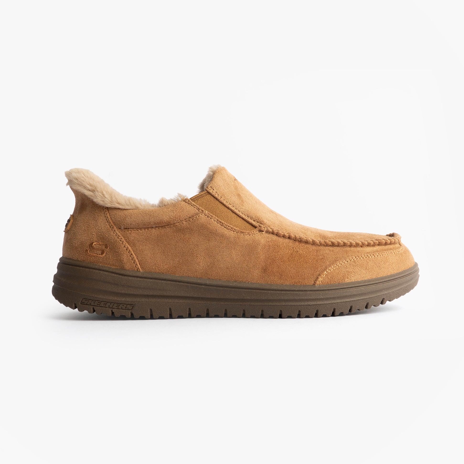 Skechers 205606/TAN MURETTE - SCOFIELD Mens Outdoor Slippers Tan side view showing faux fur lining and slip-on style.