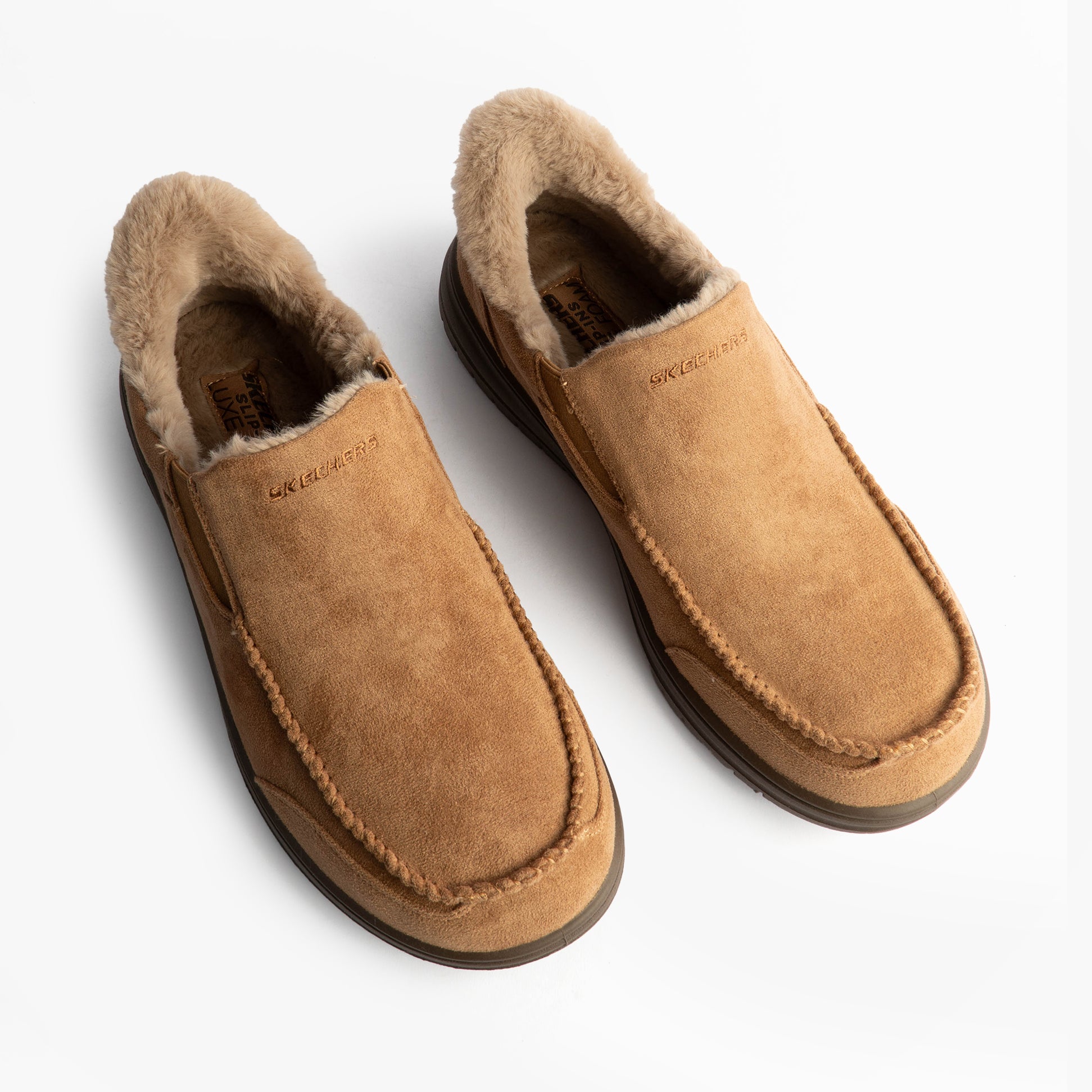 Skechers 205606/TAN MURETTE - SCOFIELD Mens Outdoor Slippers Tan top view showing soft faux fur lining and moccasin style.