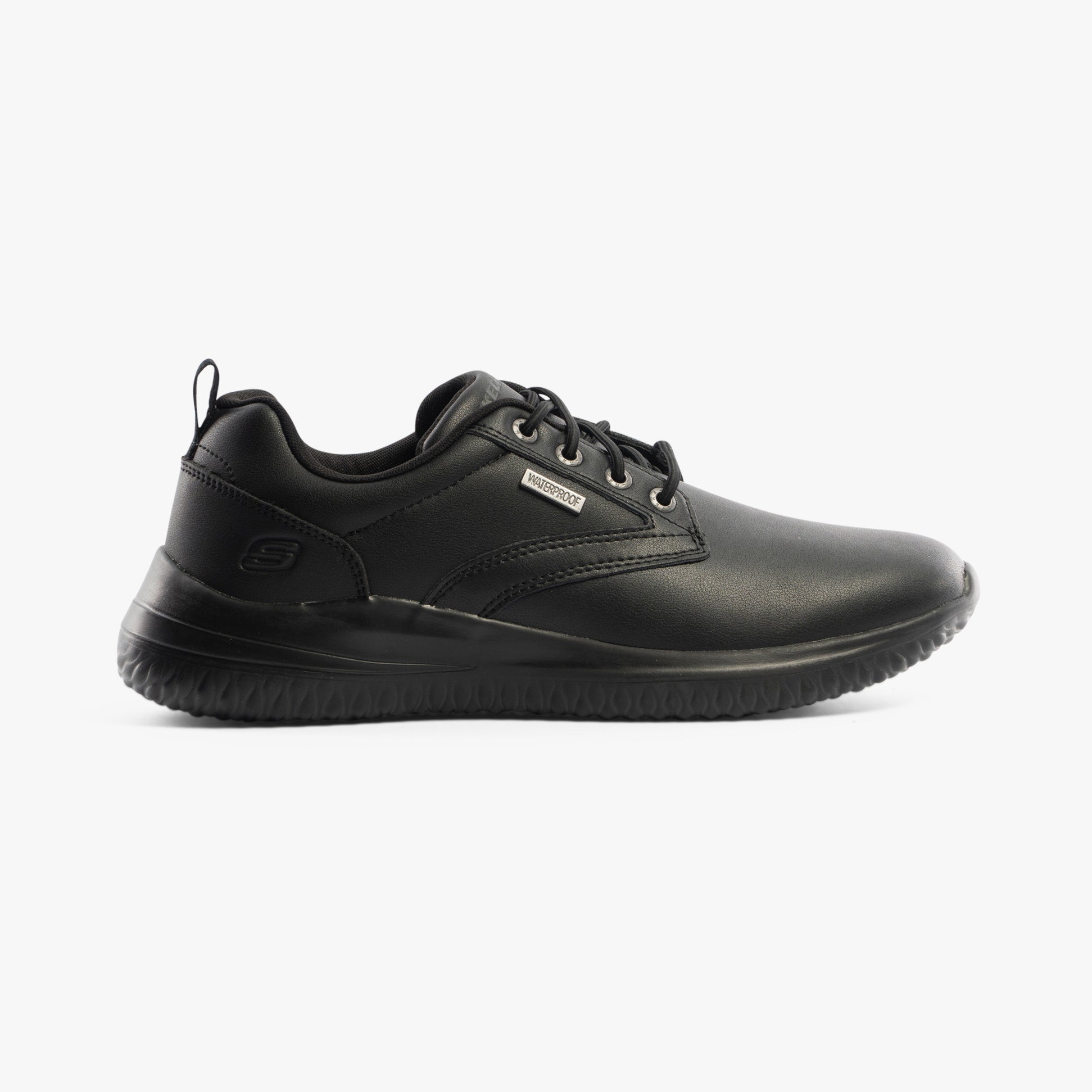 Skechers 210661/BBK DELSON 3.0 - GLAVINE Mens Shoes Black side view showcasing sleek leather design and lace-up closure