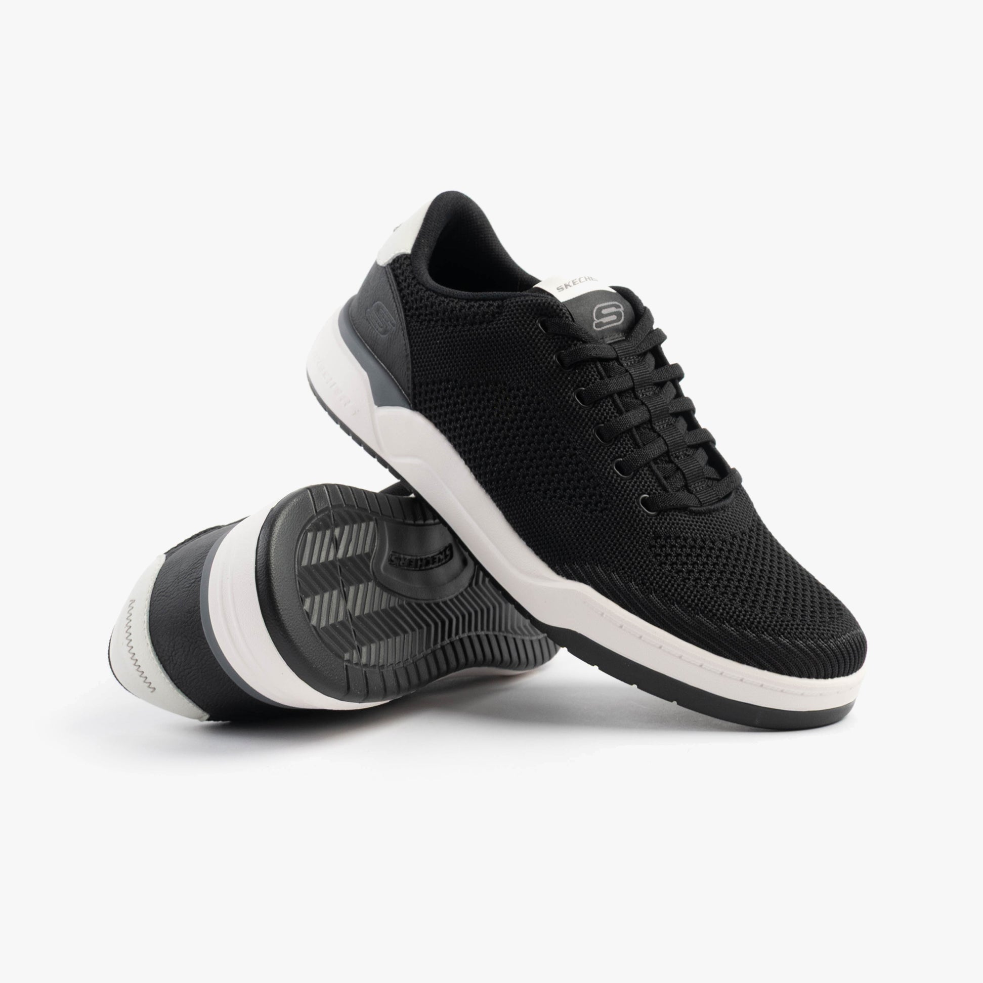 Skechers 210793/BLK CORLISS - DORSET Mens Trainers Black front view showcasing lightweight textile upper and rubber sole.