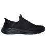 Skechers 210803/BBK GARNER - NEWICK Mens Trainers Black side view, casual synthetic mesh footwear with lace-up closure.