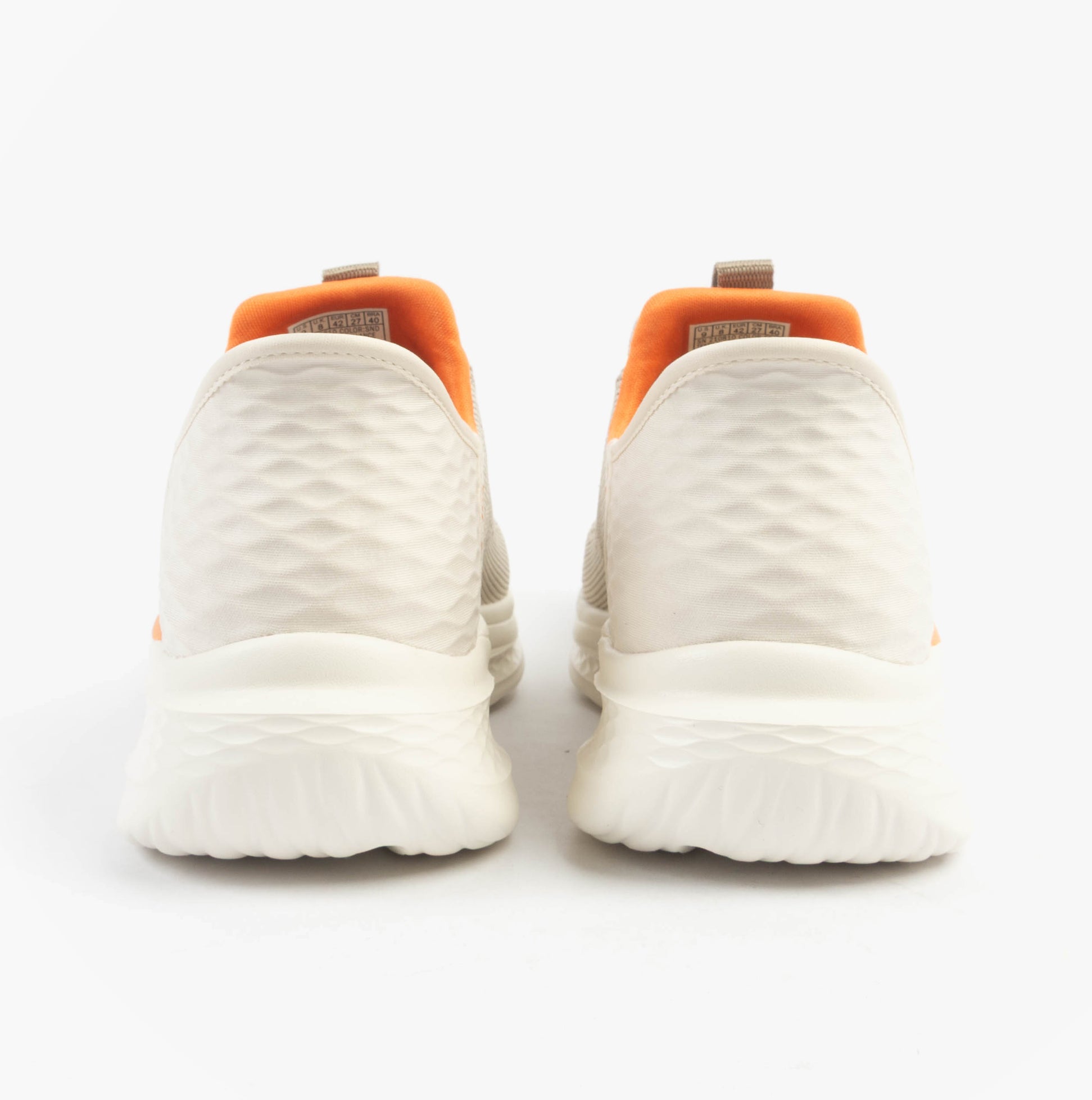 Skechers 210810/SND SLADE - QUINTO Mens Shoes Sand rear view, featuring a casual design with a low top and orange accents.