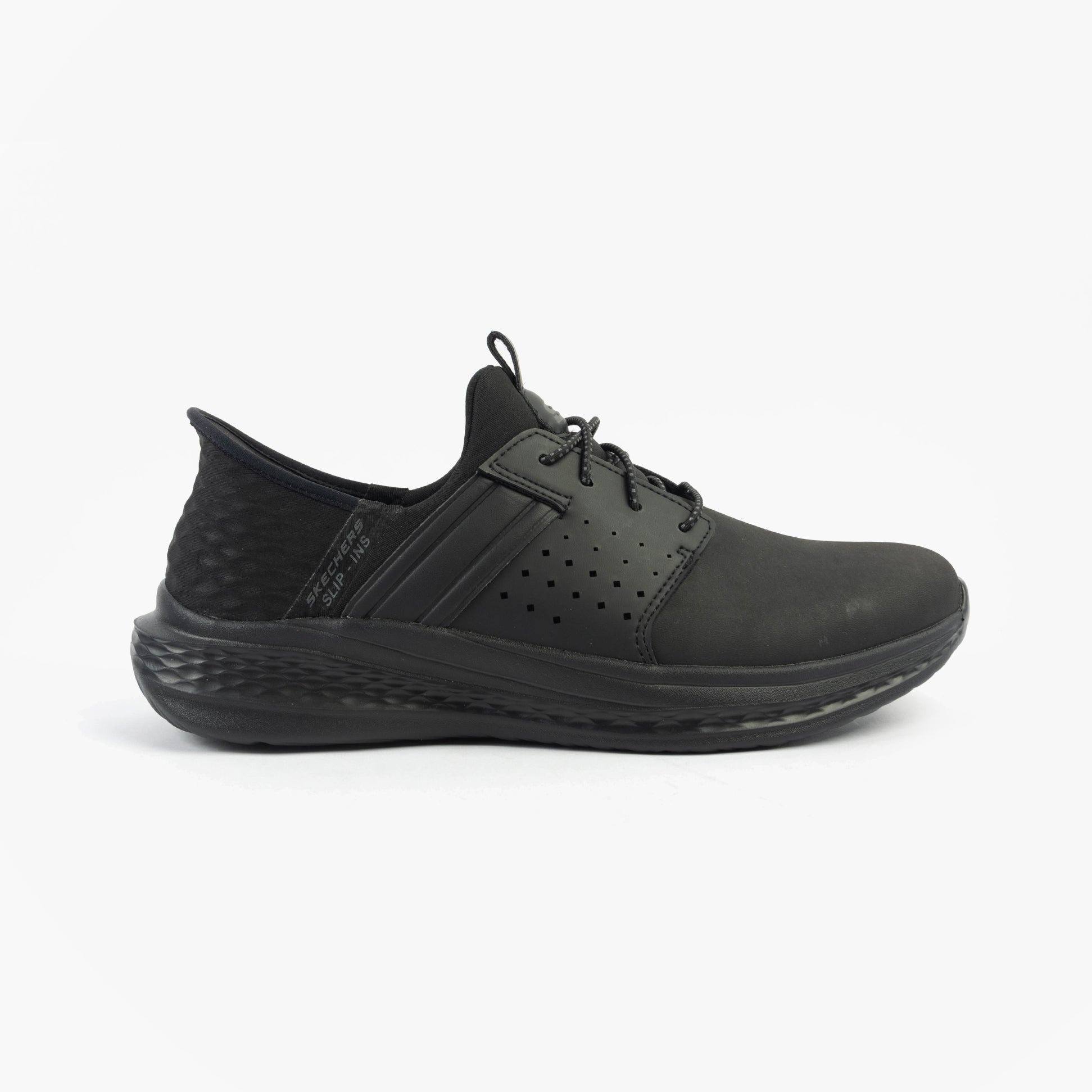 Skechers 210828/BBK SLADE - ZACHARY Mens Trainers Black side view, leather synthetic upper, lace-up, memory foam, low top.