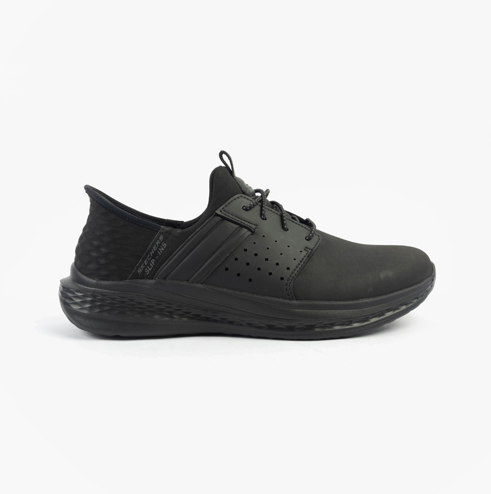 Skechers 210828/BBK SLADE - ZACHARY Mens Trainers Black side view, leather synthetic upper, lace-up, memory foam, low top.